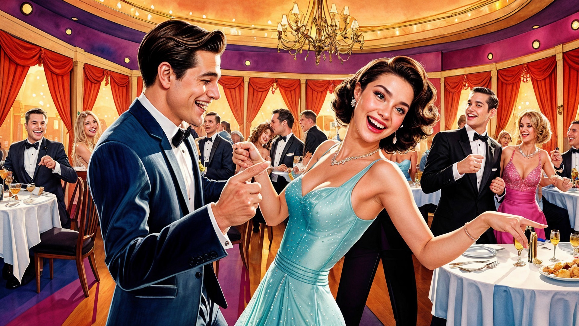 1950s Glamorous Ballroom Dance Scene Description