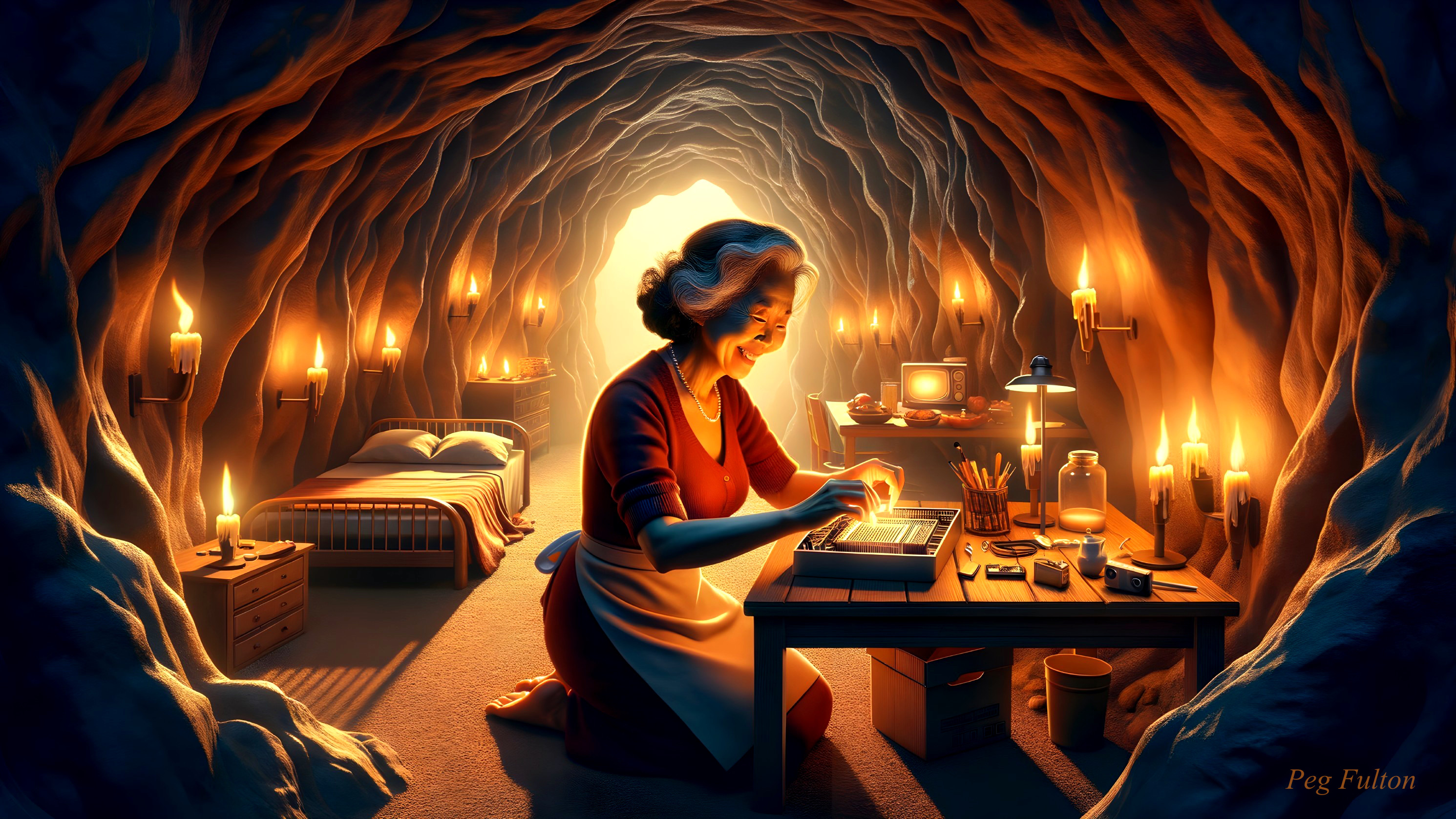 Elderly Woman Writing in Candle-Lit Cave Setting