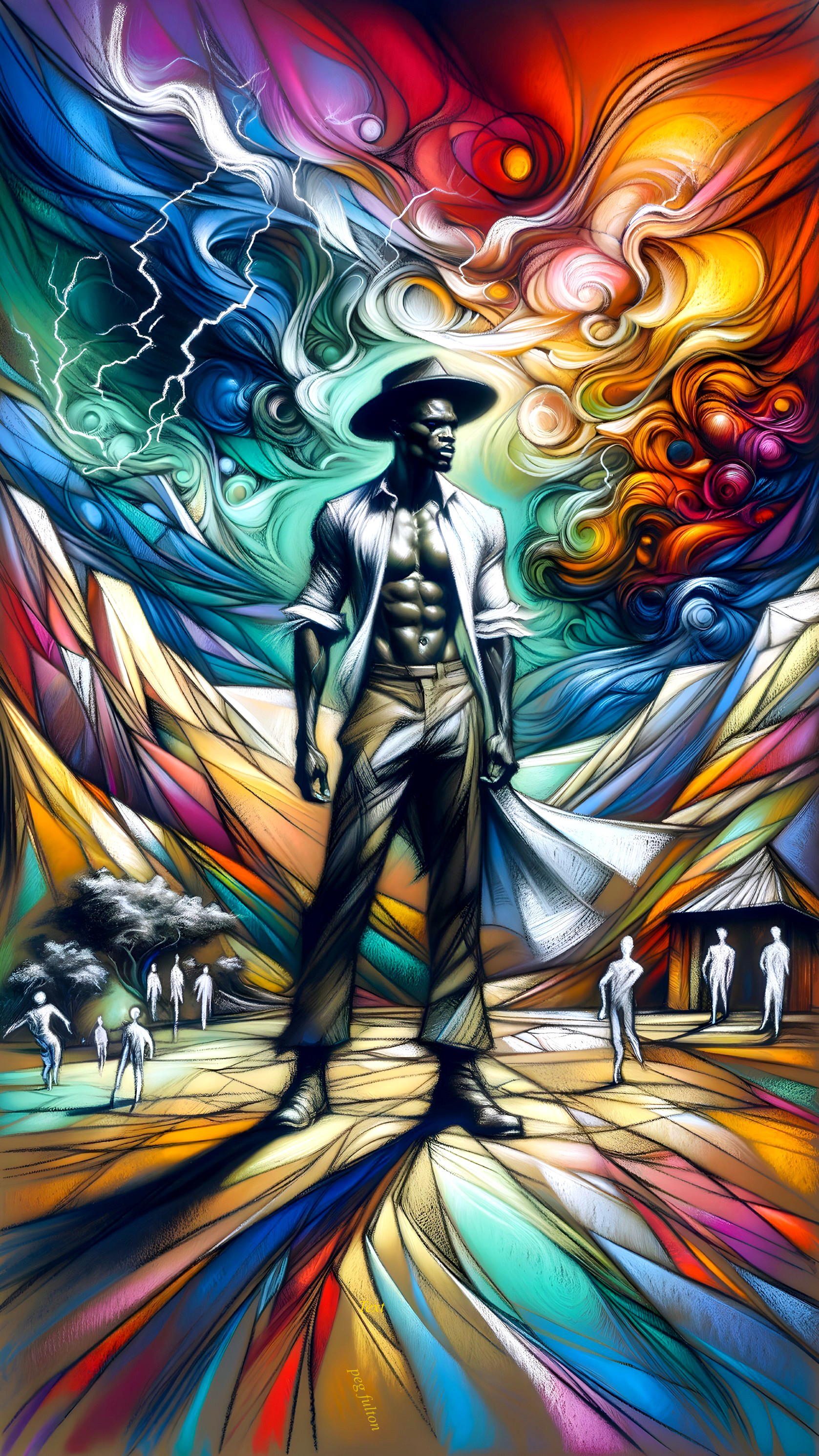 Muscular Figure in Colorful Dynamic Landscape Illustration