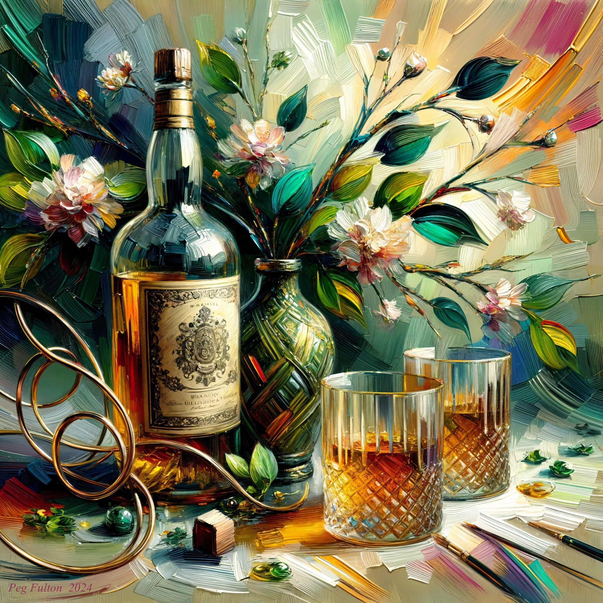 Elegant Still Life with Whiskey and Floral Arrangements