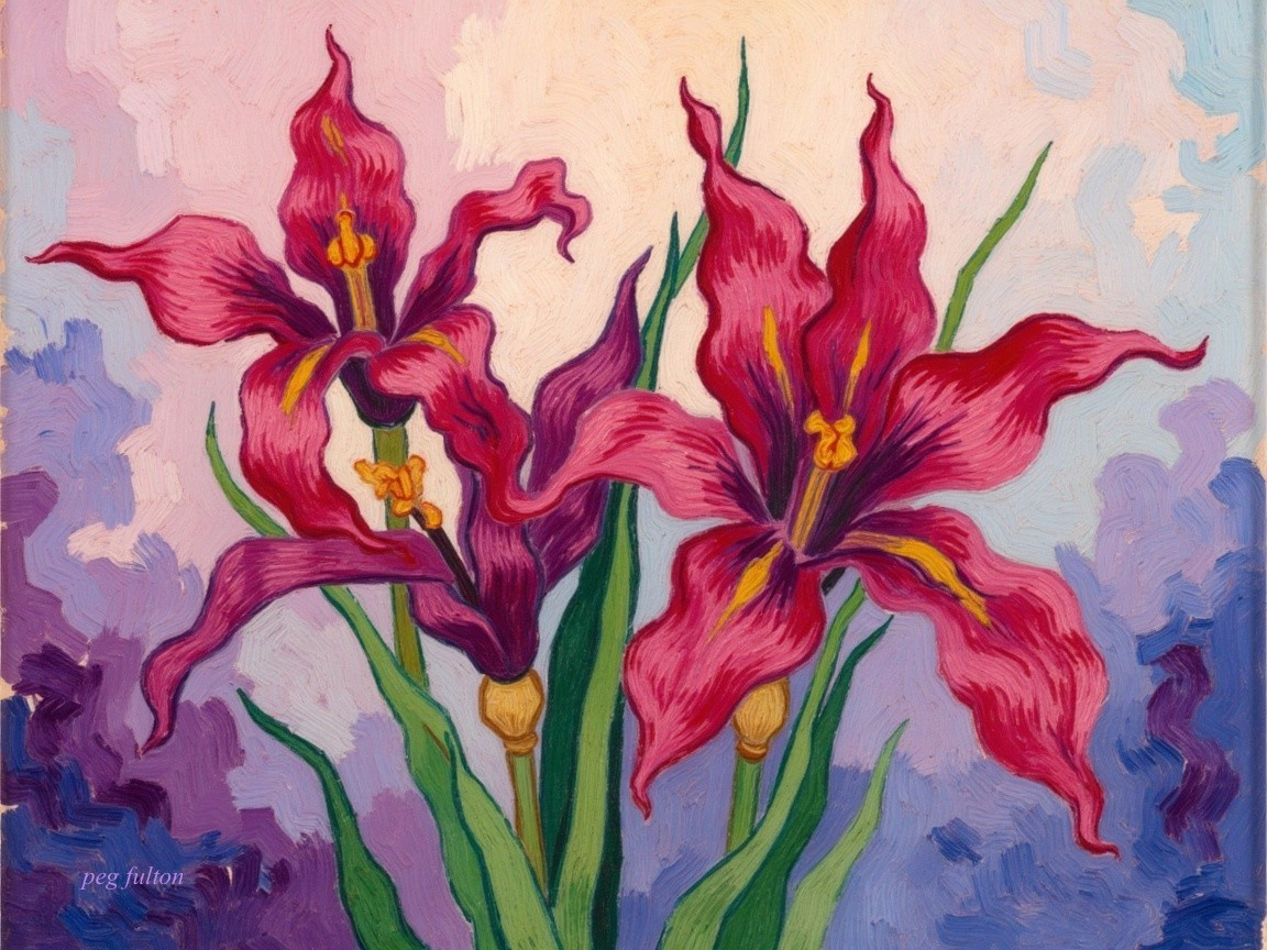 Vibrant Oil Painting of Red and Purple Exotic Flowers