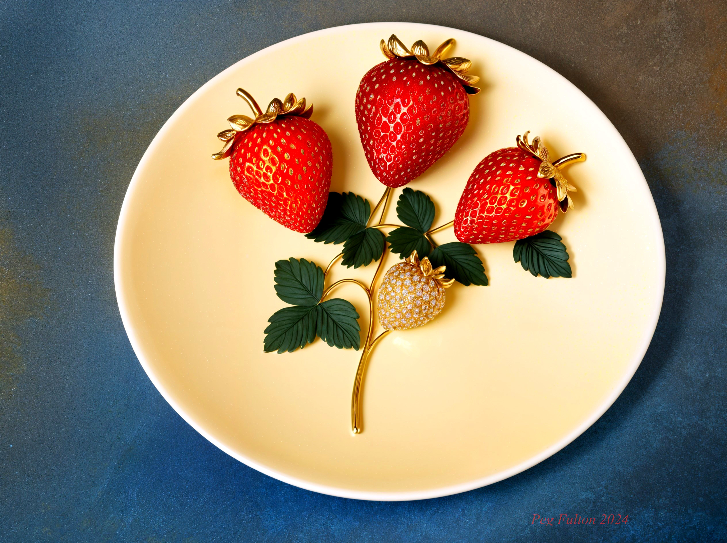 Vibrant Strawberries with Golden Stems on Decorative Plate