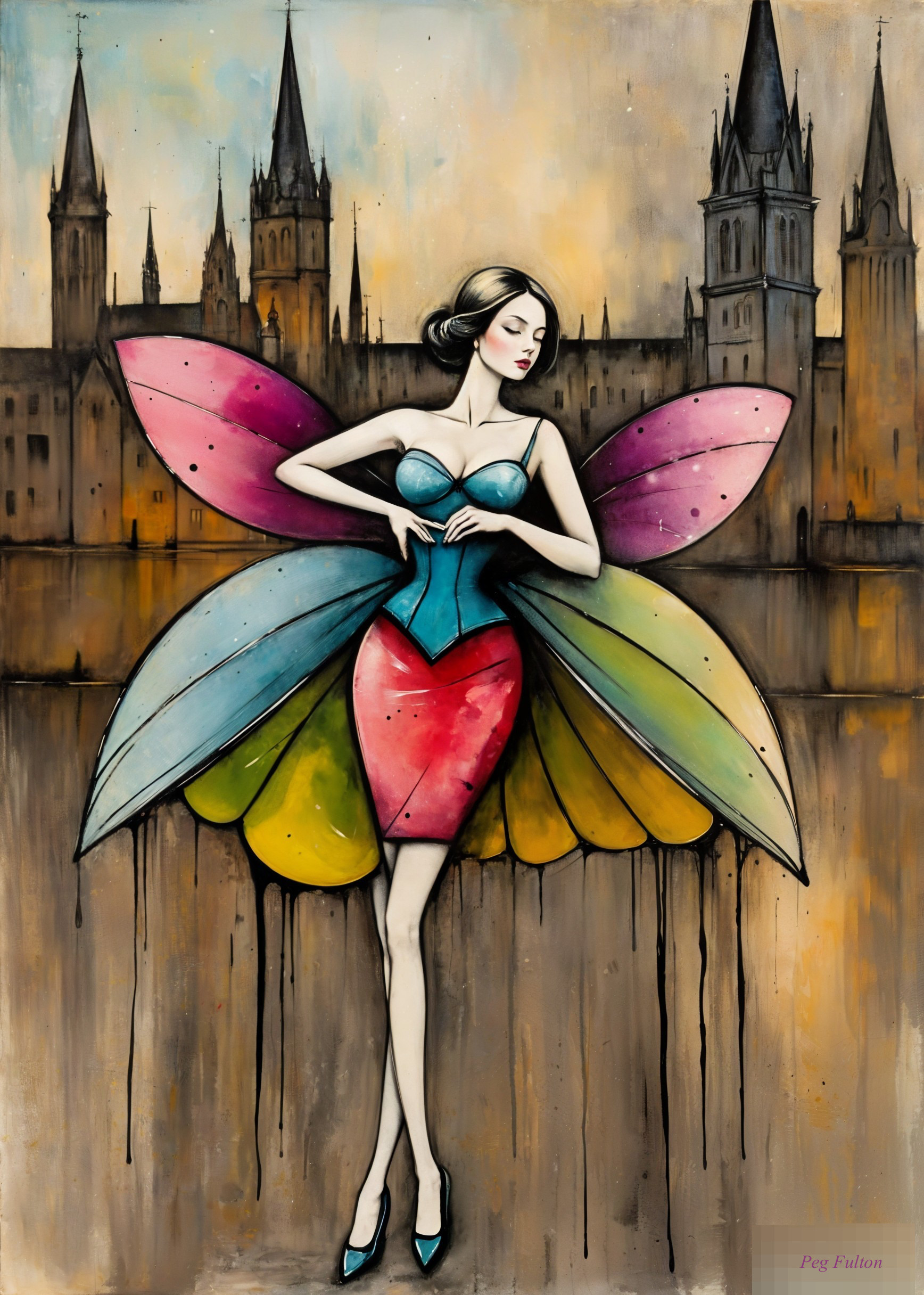 Whimsical Fairy with Colorful Wings in Gothic Setting