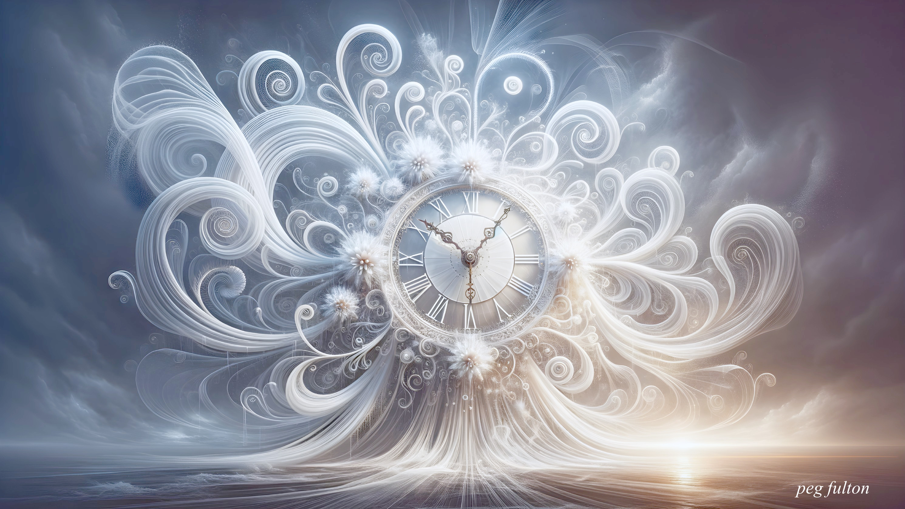 Surreal Clock Surrounded by Ethereal Cloud Patterns