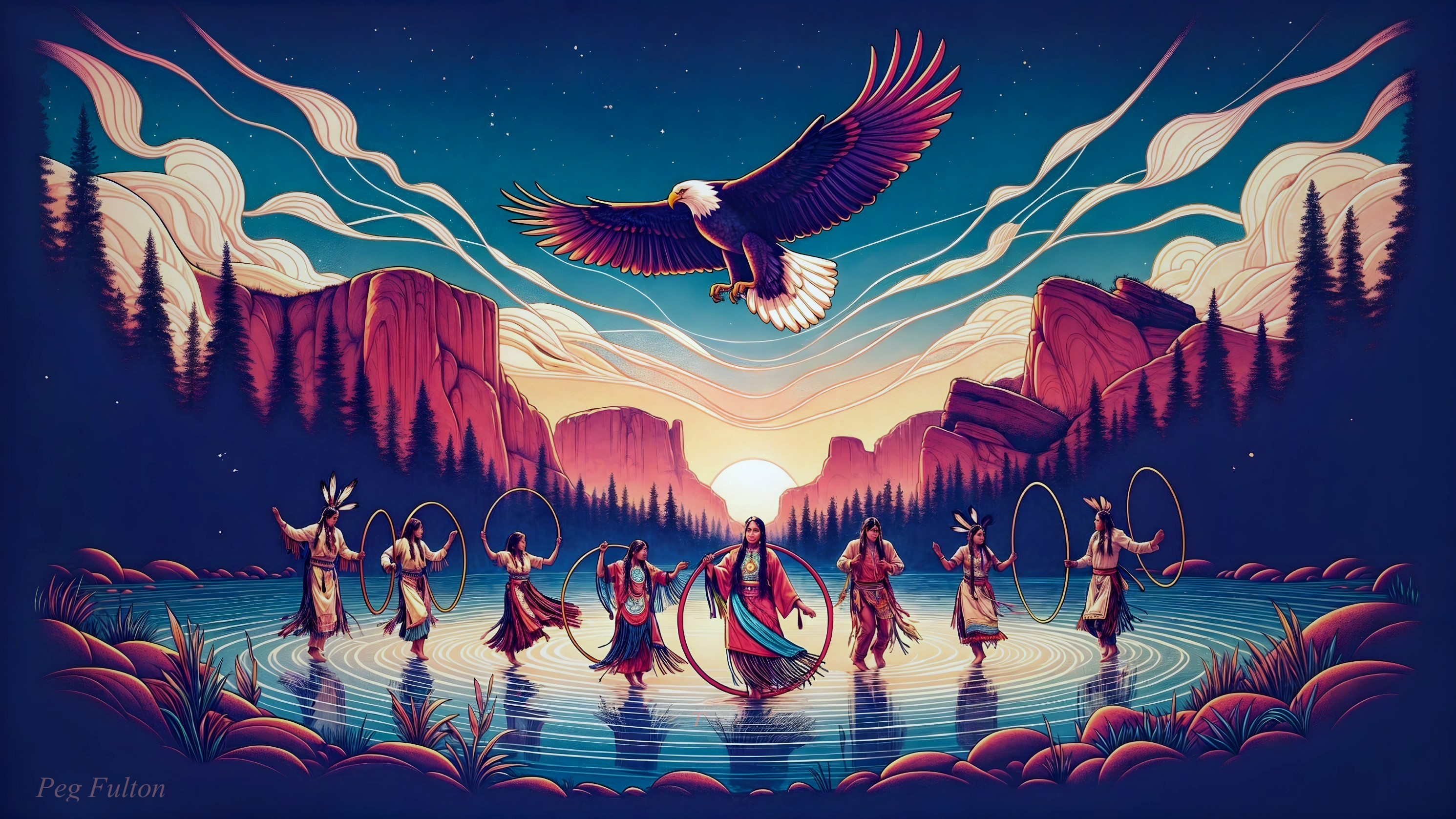 Traditional Dancers by a Serene Lake at Sunset