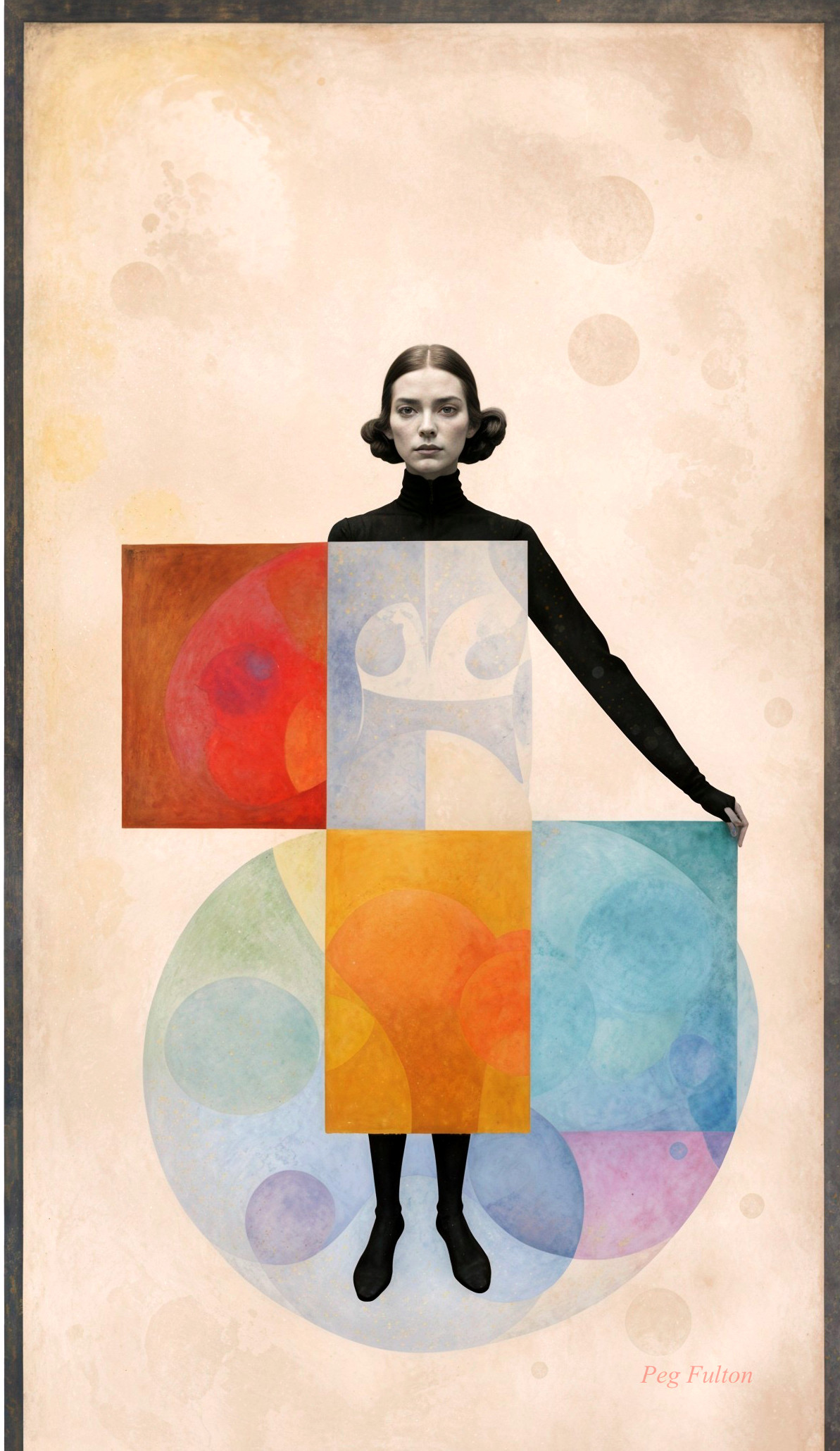 Woman in Dark Attire with Geometric Color Shapes