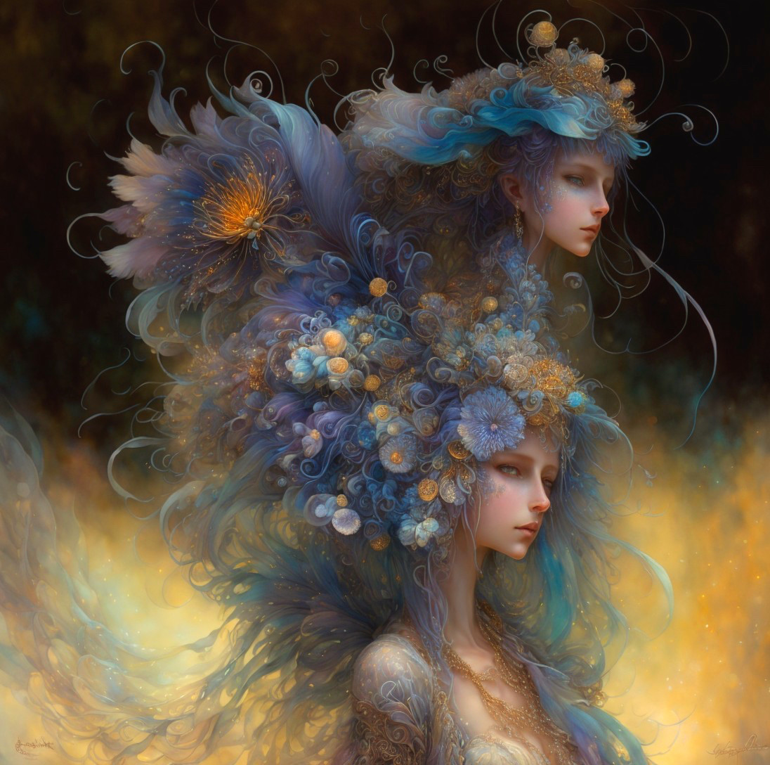 Ethereal Figures in Floral Blue and Gold Designs