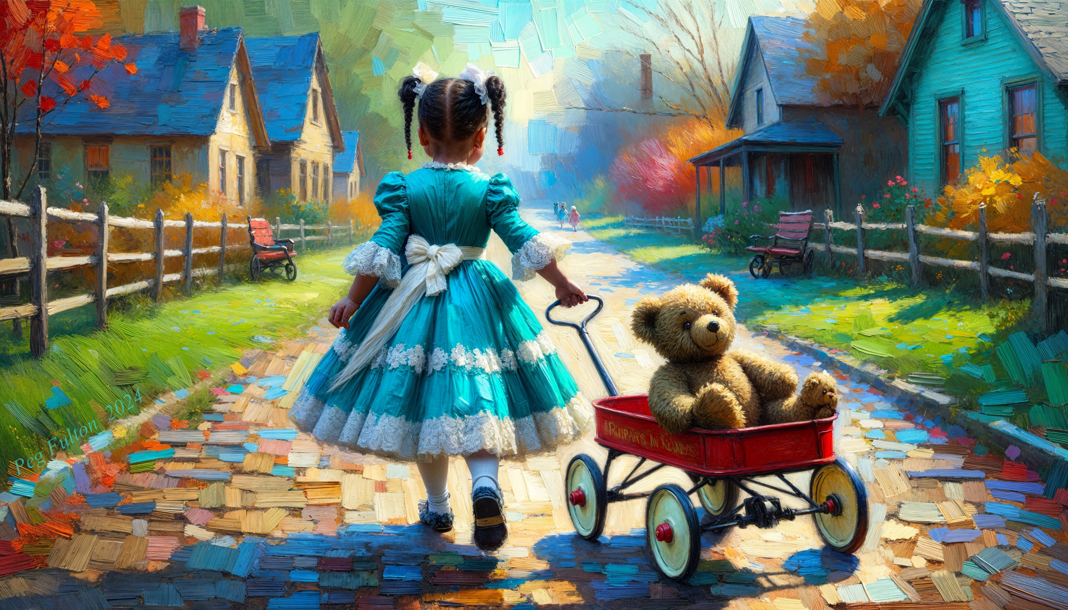 Young girl in turquoise dress with red wagon in autumn