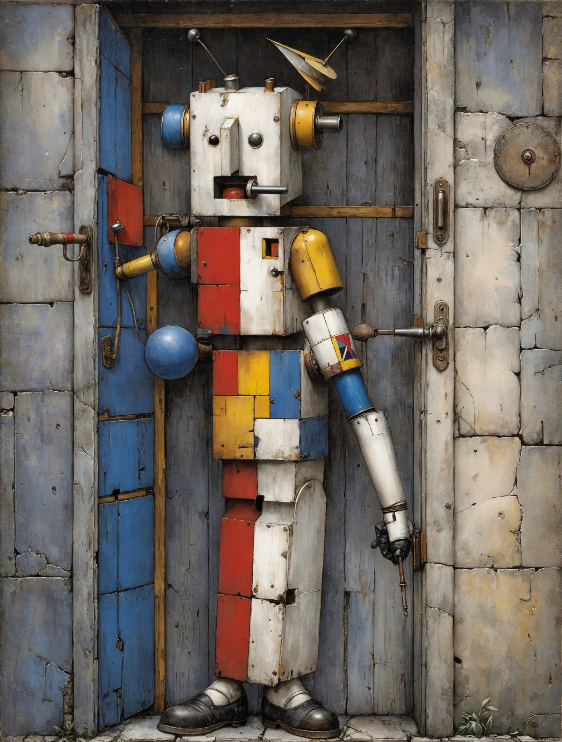 Colorful Robot Figure in Doorway with Textured Wall