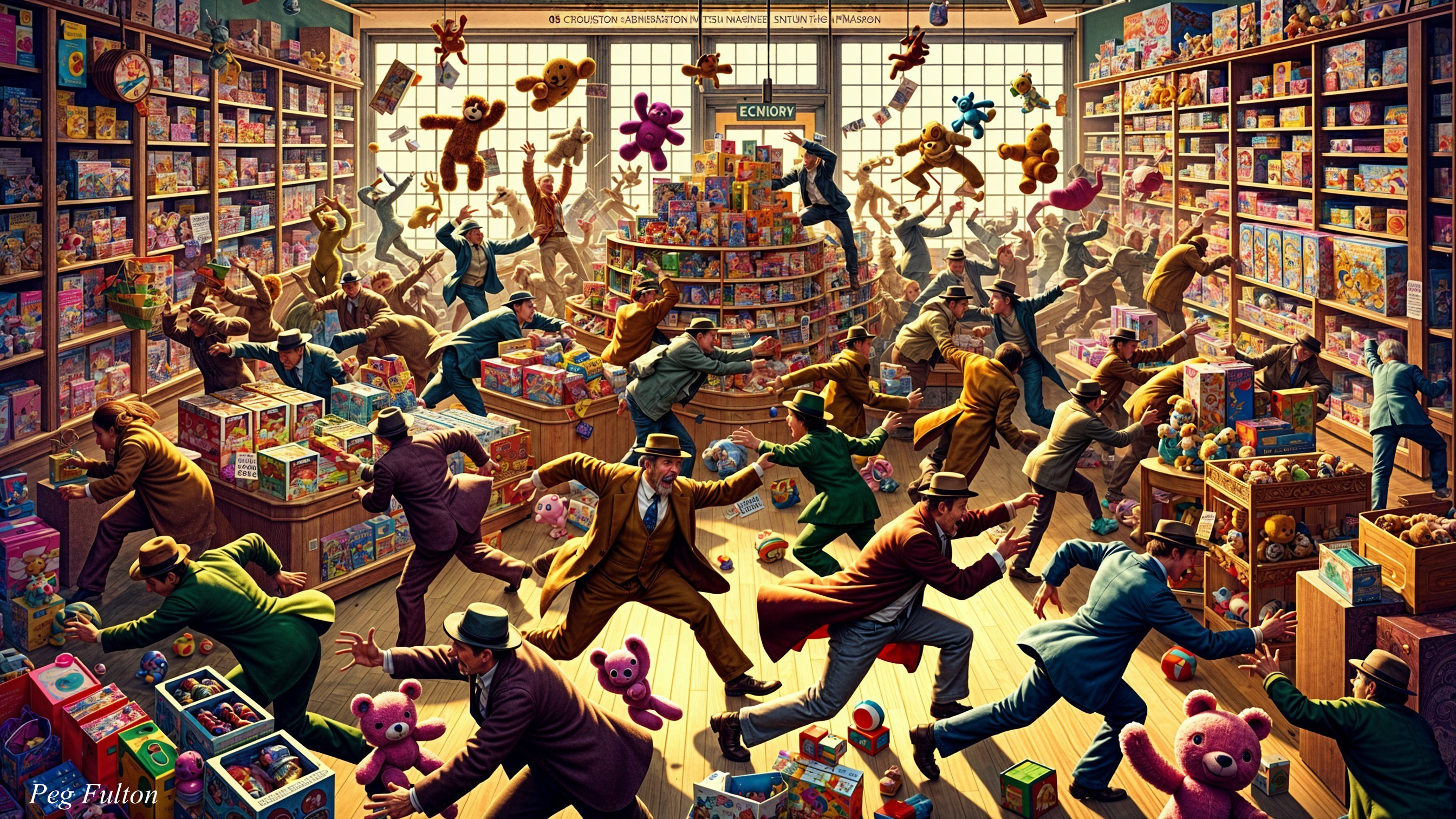 Busy Toy Store Scene with Vintage Shoppers and Toys