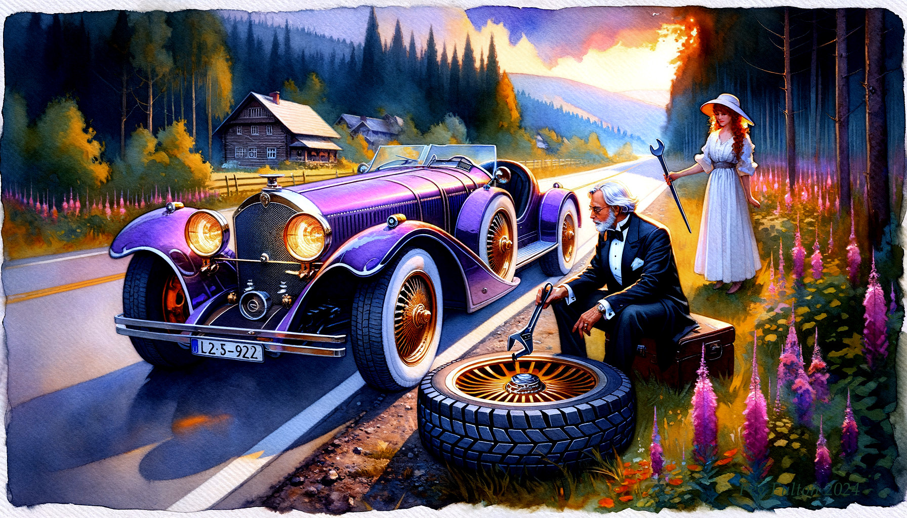 Vintage Convertible by Scenic Road with Elegant Figures