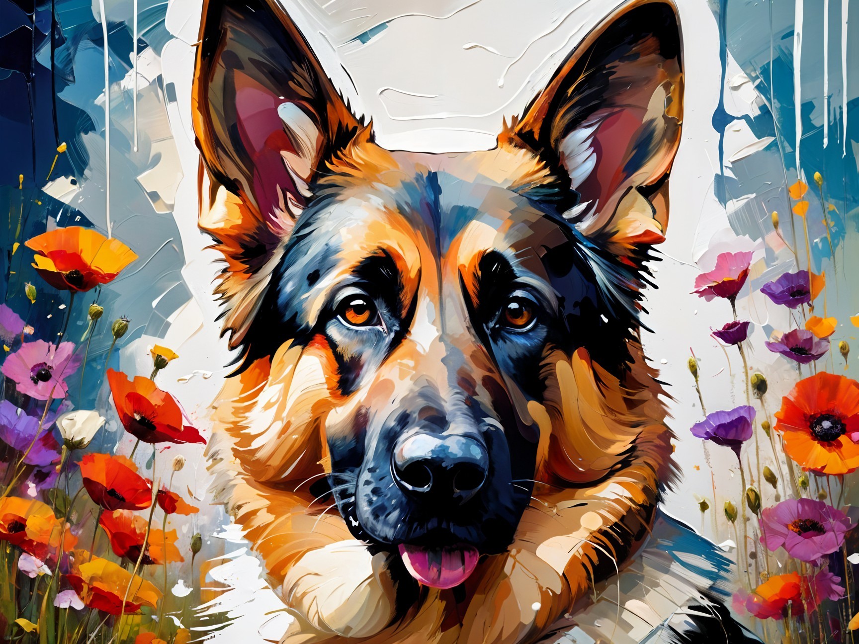 Vibrant Art of a German Shepherd Surrounded by Flowers