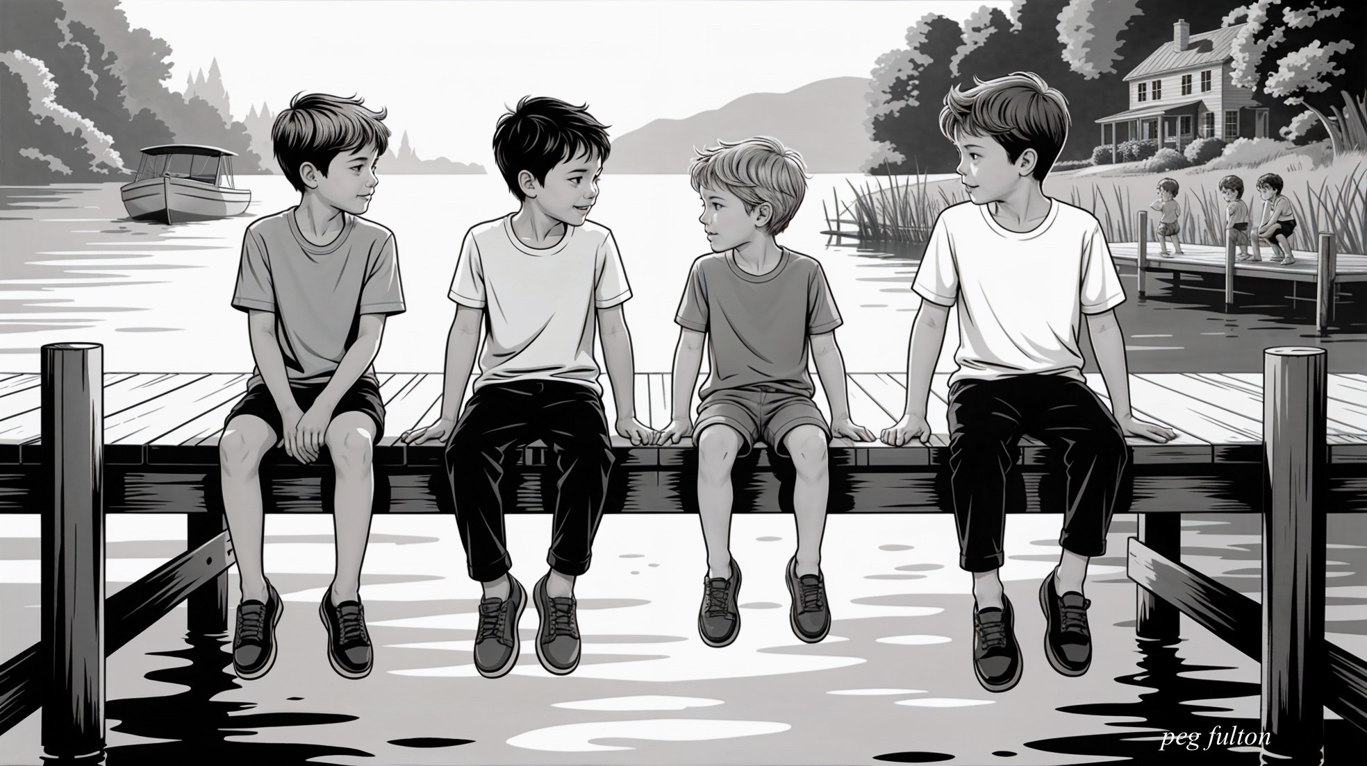 Boys on a Dock by a Serene Lakeside Scene