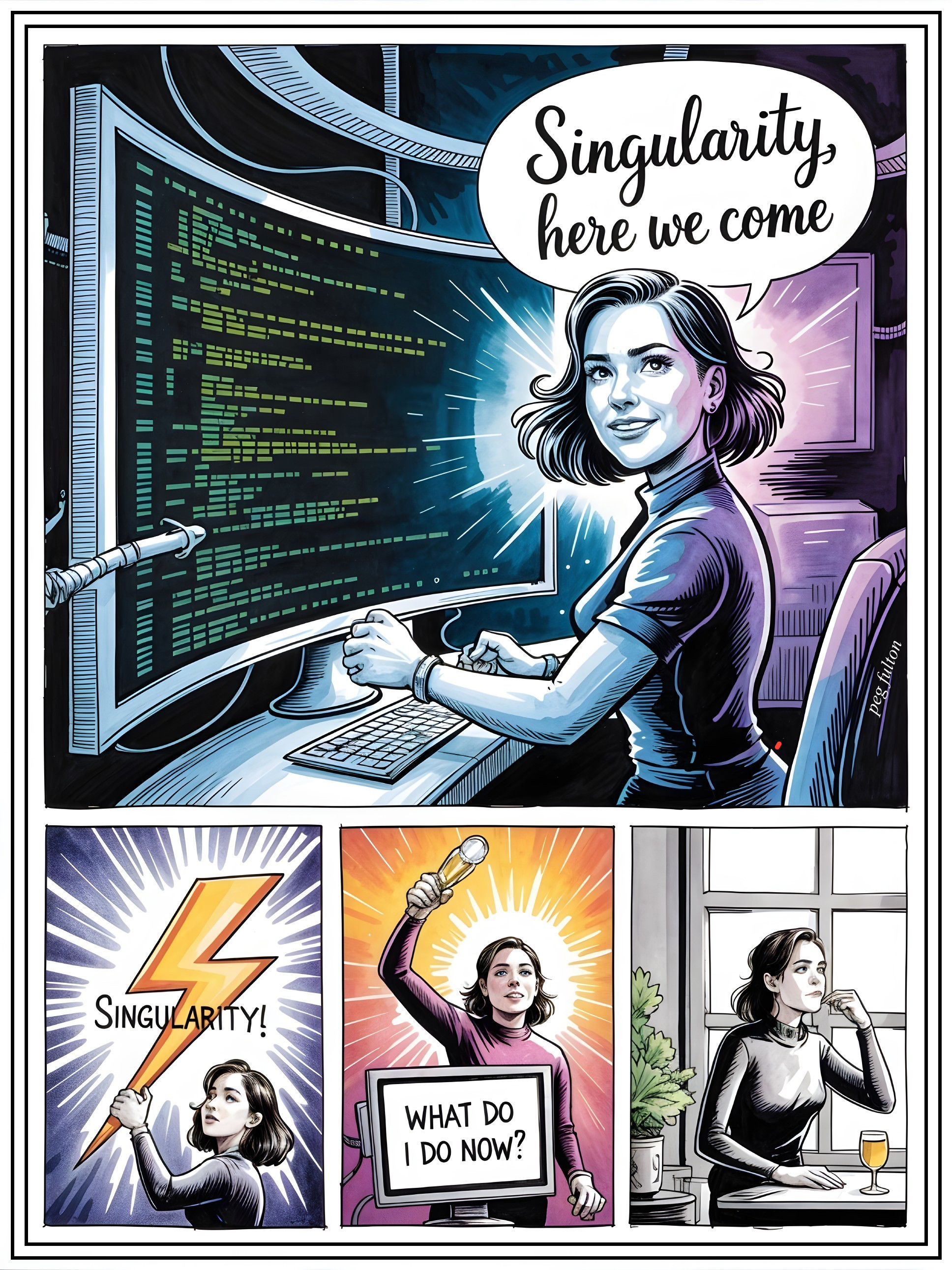 Woman at Computer Surrounded by Glowing Code Screens