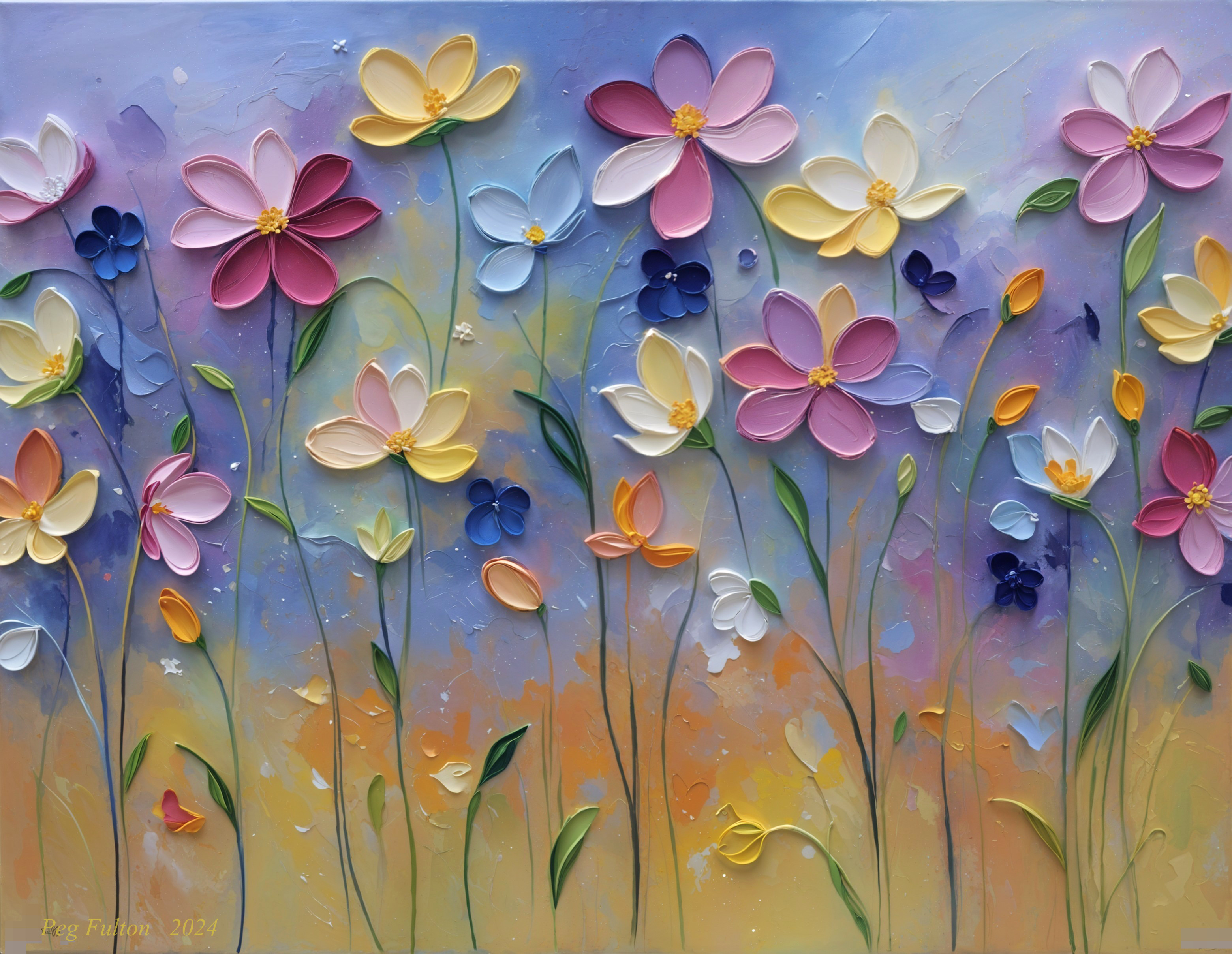 Vibrant Painting of Colorful Flowers in Pastel Hues