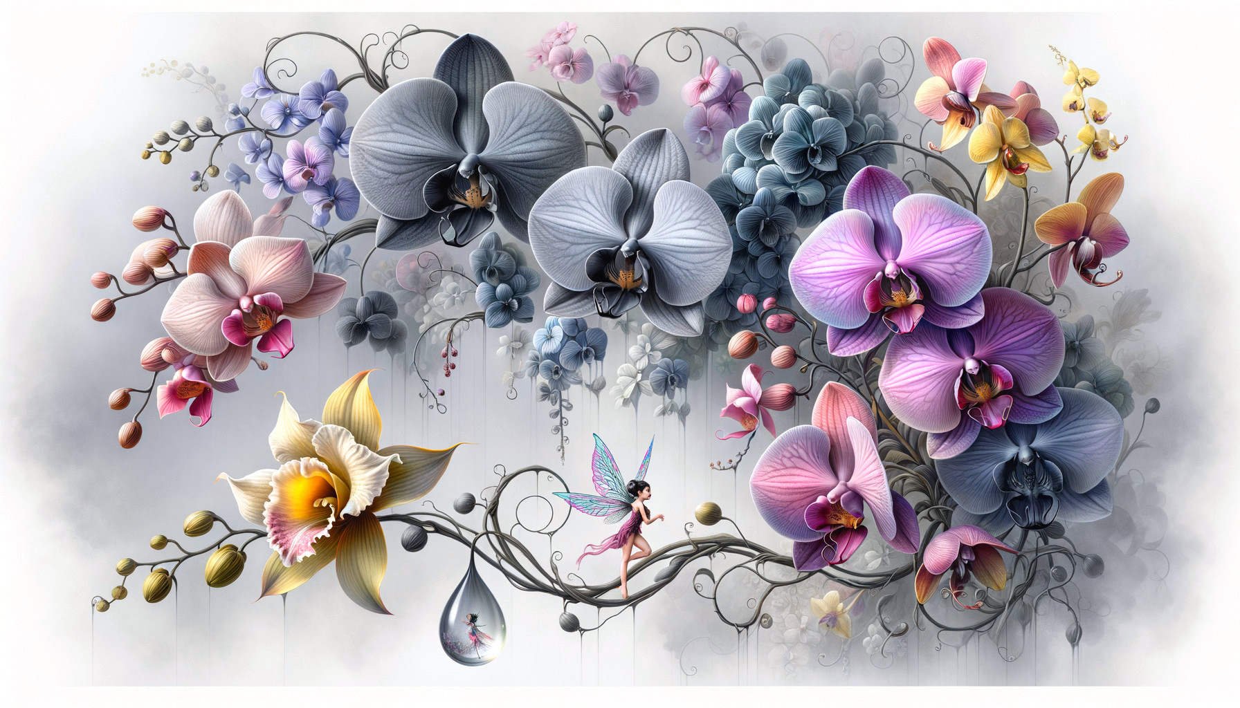 Whimsical Scene of Colorful Orchids and a Fairy