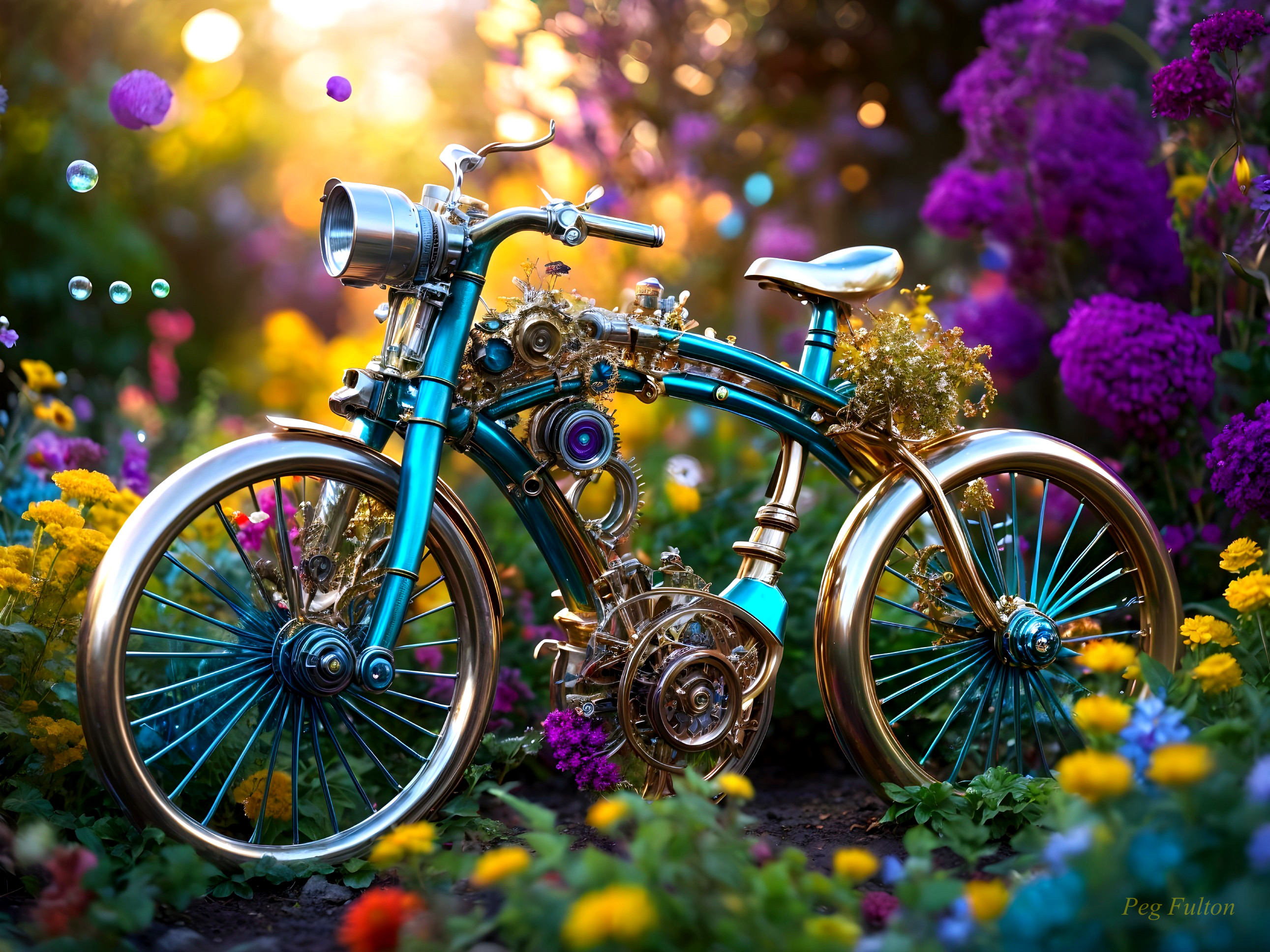 Ornate turquoise and gold bicycle in a flower garden