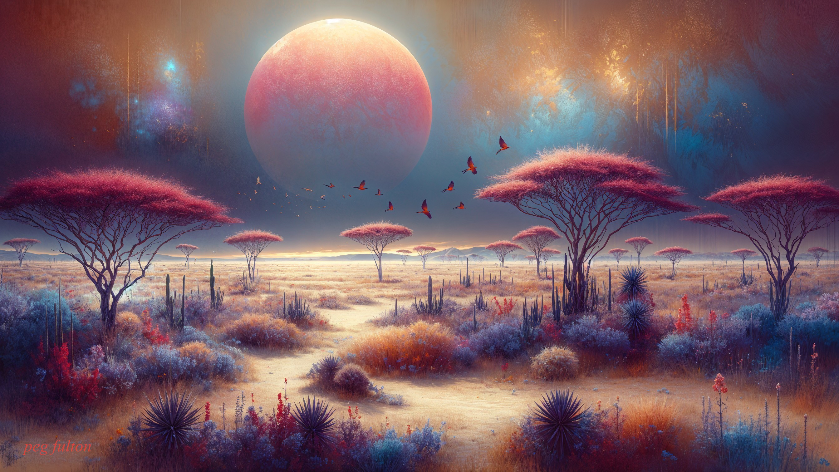 Surreal Landscape with Vivid Trees and Glowing Planet