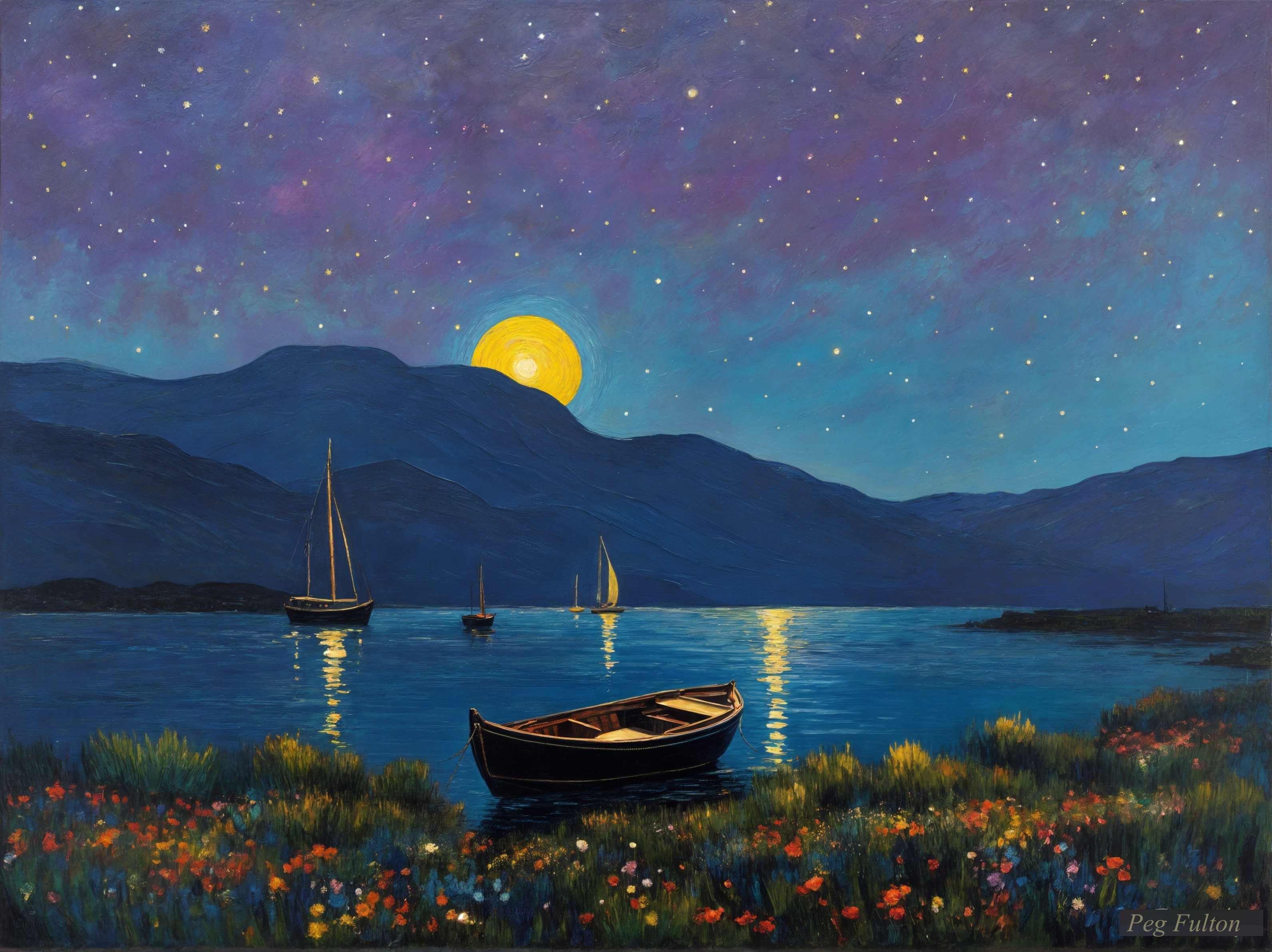 Twilight Lake Scene with Mountains and Starry Sky