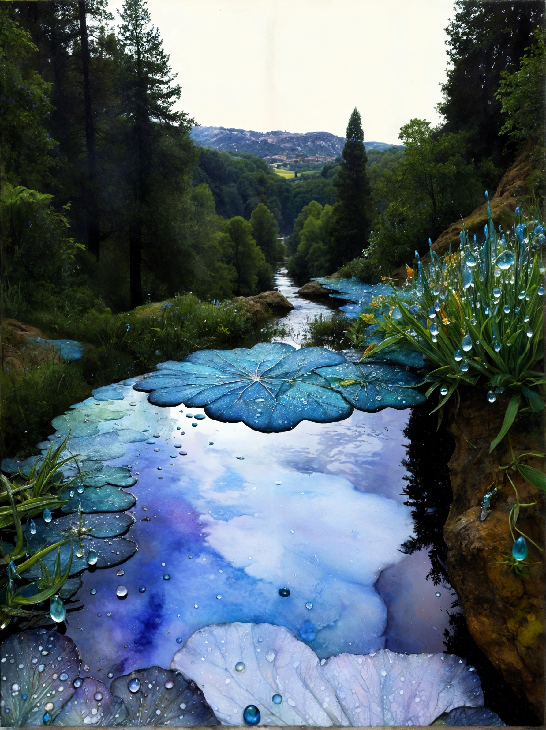 Vibrant Landscape with Stream and Colorful Lily Pads
