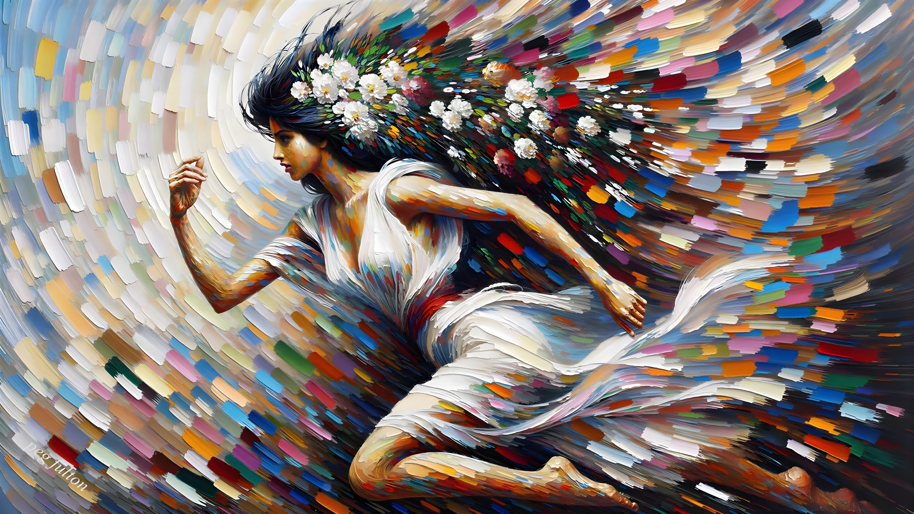 Oil Painting of Woman in White Gown with Color Burst