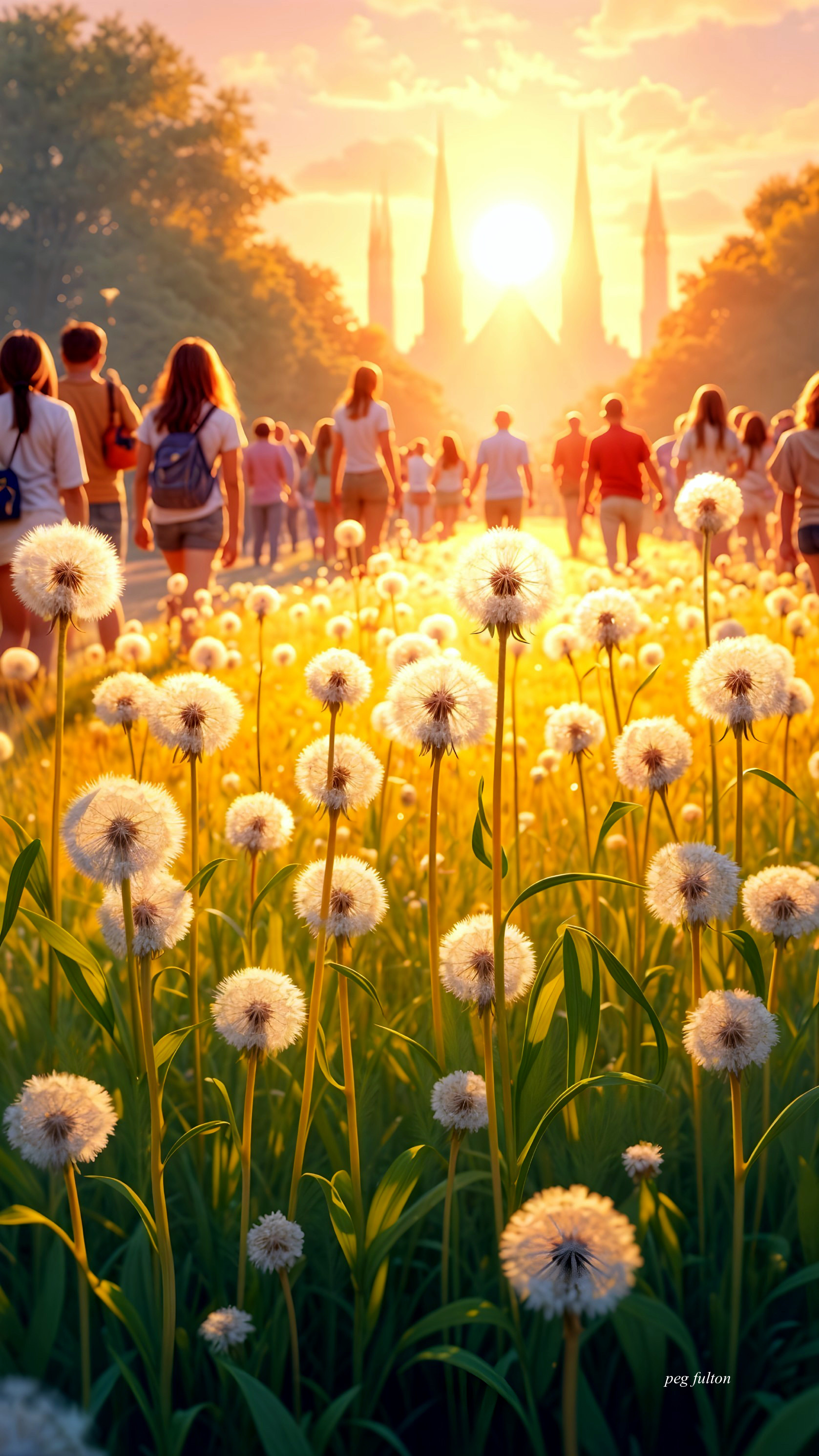 Vibrant sunset over dandelion field and pathway scene