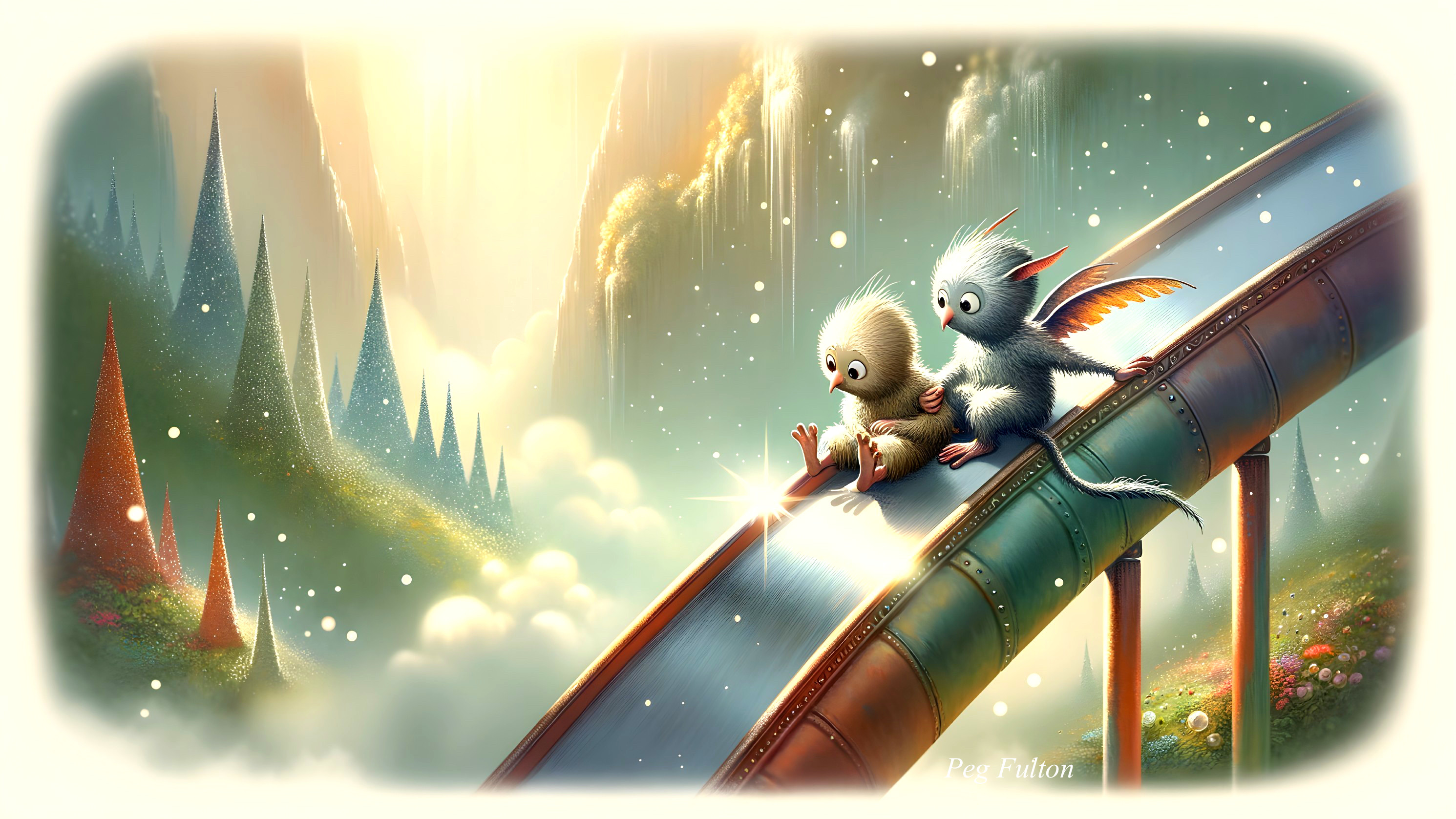 Cartoon Creatures Sliding in a Whimsical Landscape