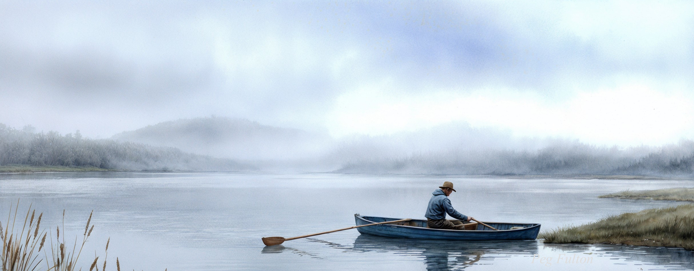 Lone Man in Blue Rowboat on Foggy River Scene