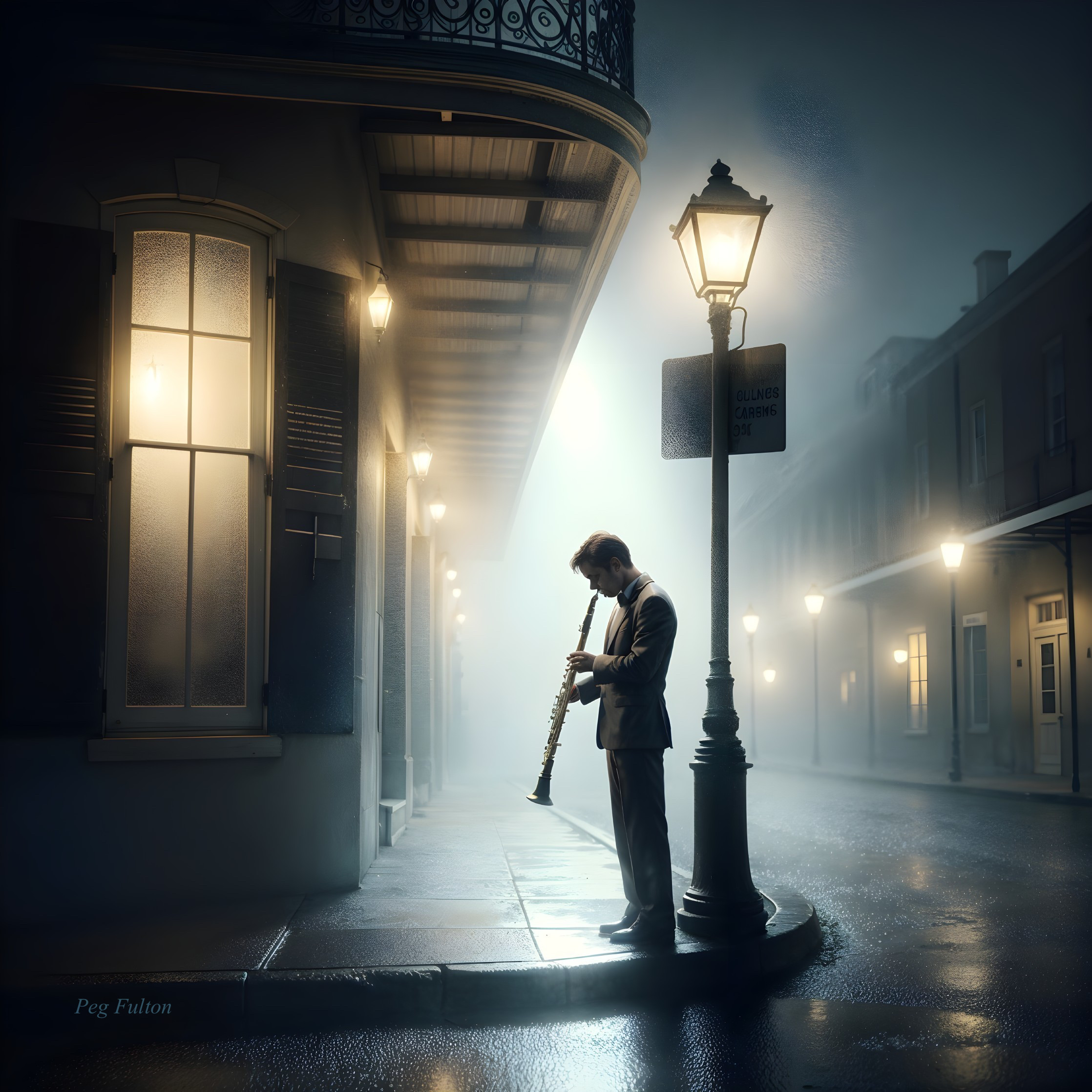Musician Playing Saxophone on Foggy Cobblestone Street