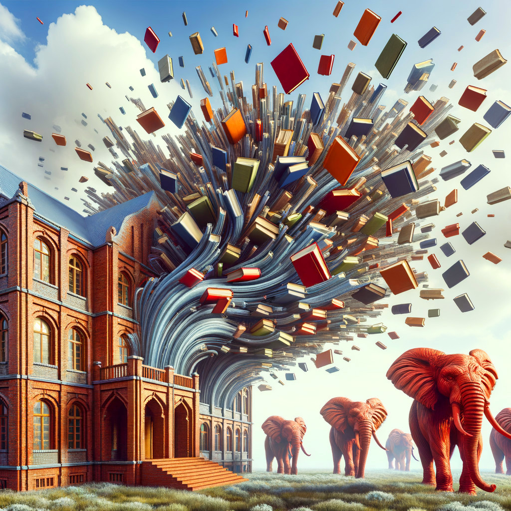 Surreal elephant artwork with swirling book tornado and floating pages