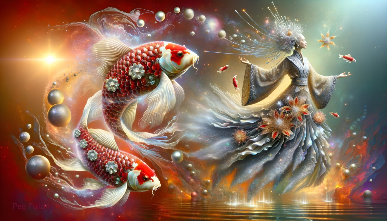 Mystical Koi Fish and Serene Figure in Celestial Scene