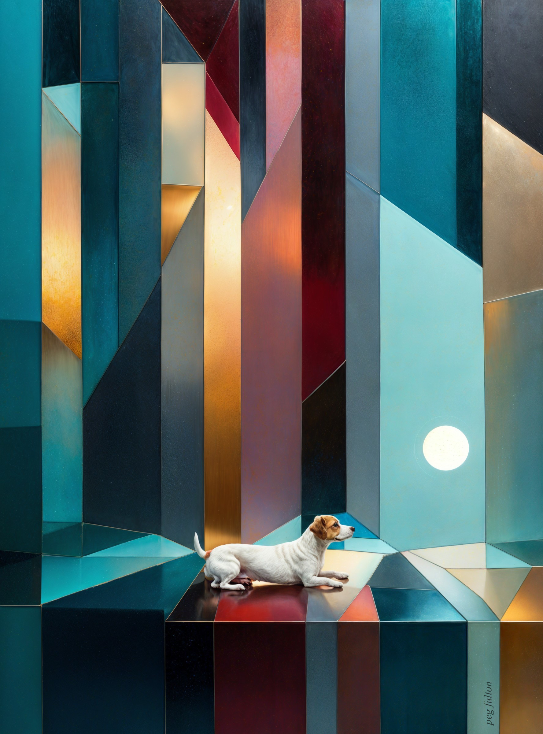 White Dog on Vibrant Geometric Abstract Landscape