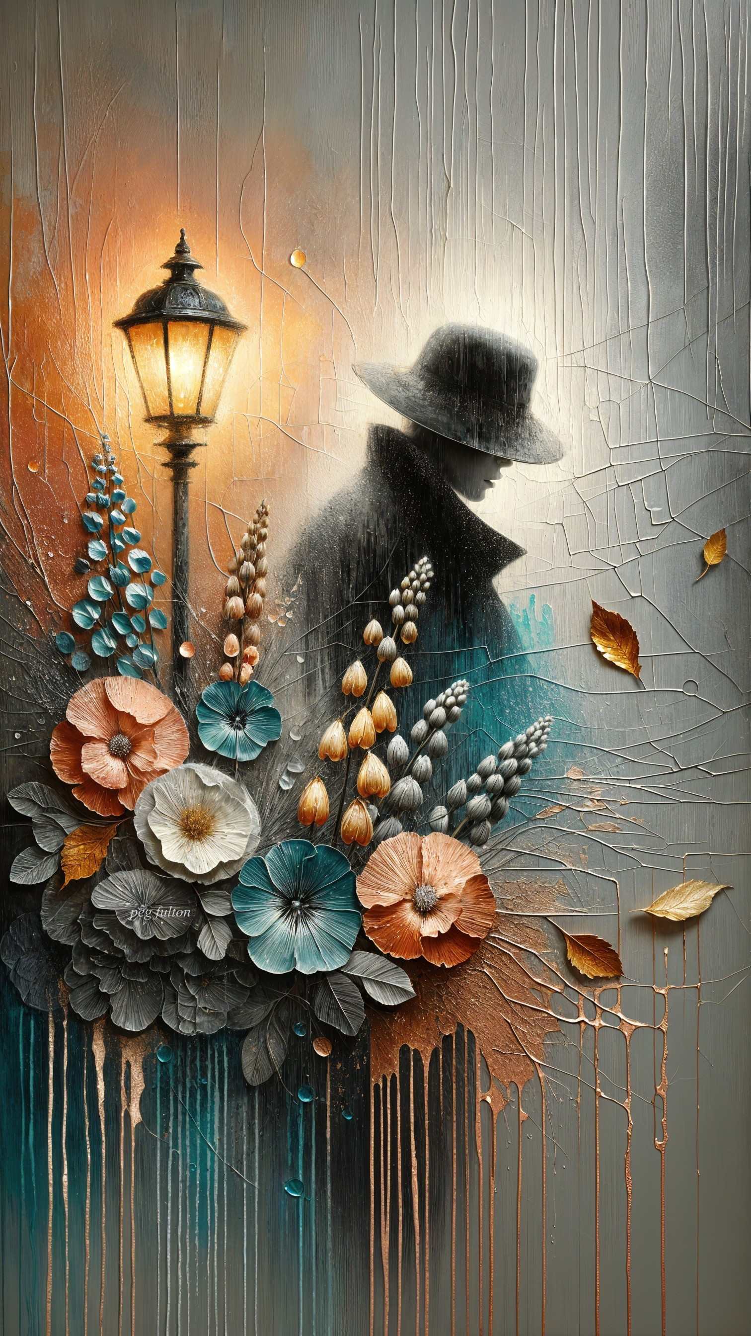 Silhouette of a Figure with Flowers and Lamp Post