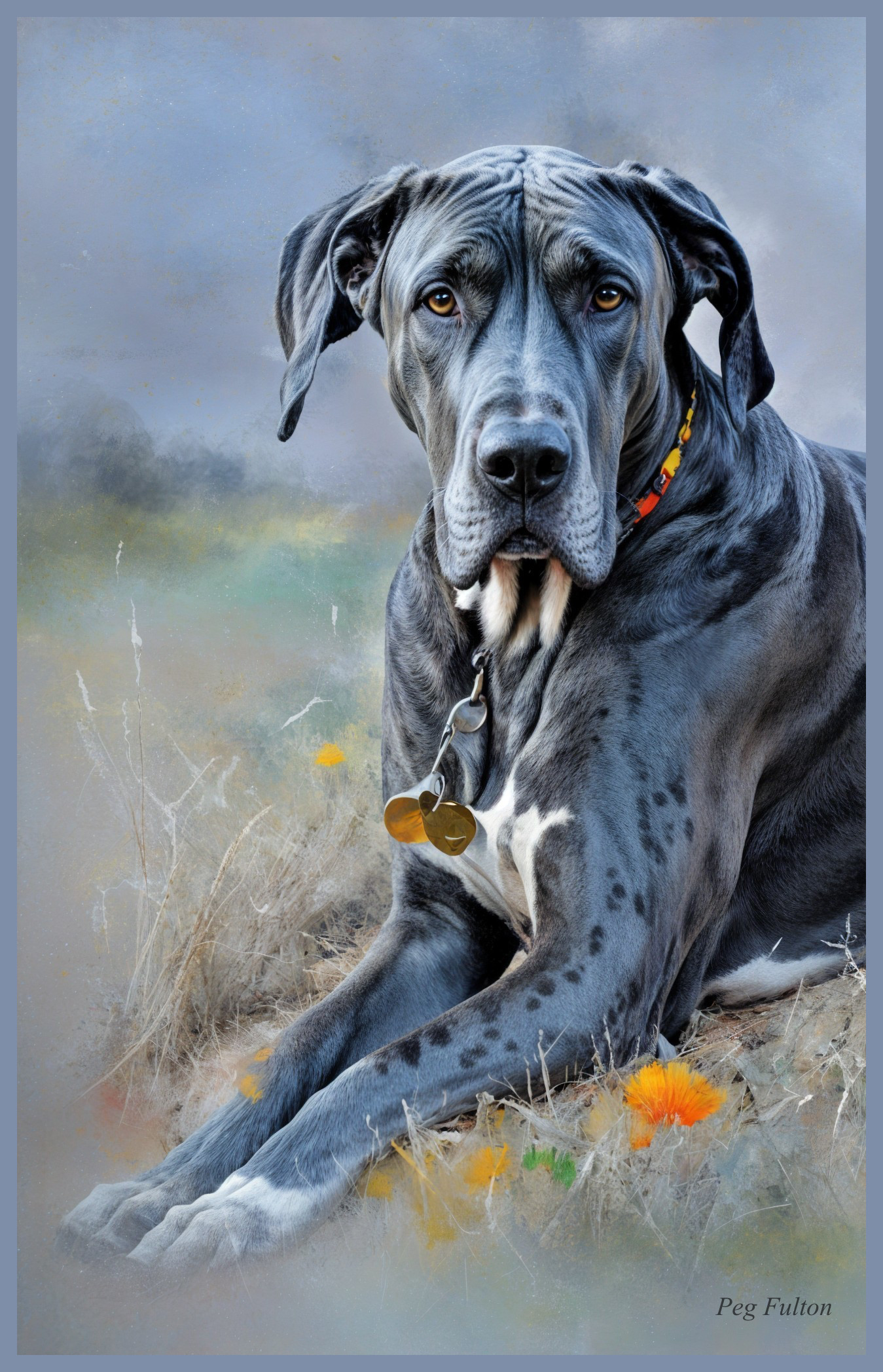 Great Dane Resting in a Grassy Field with Flowers