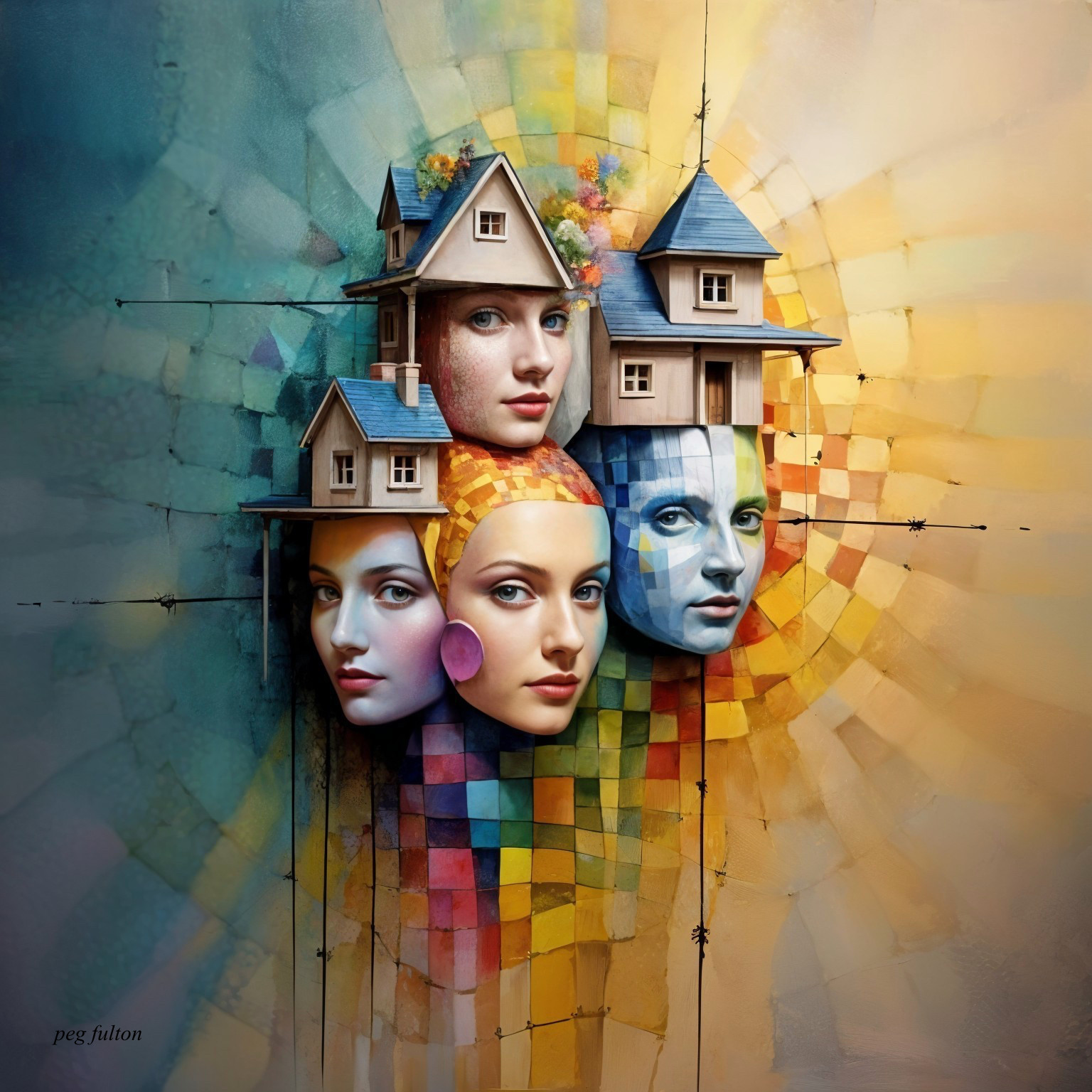 Surreal Artwork of Four Faces with Whimsical Houses