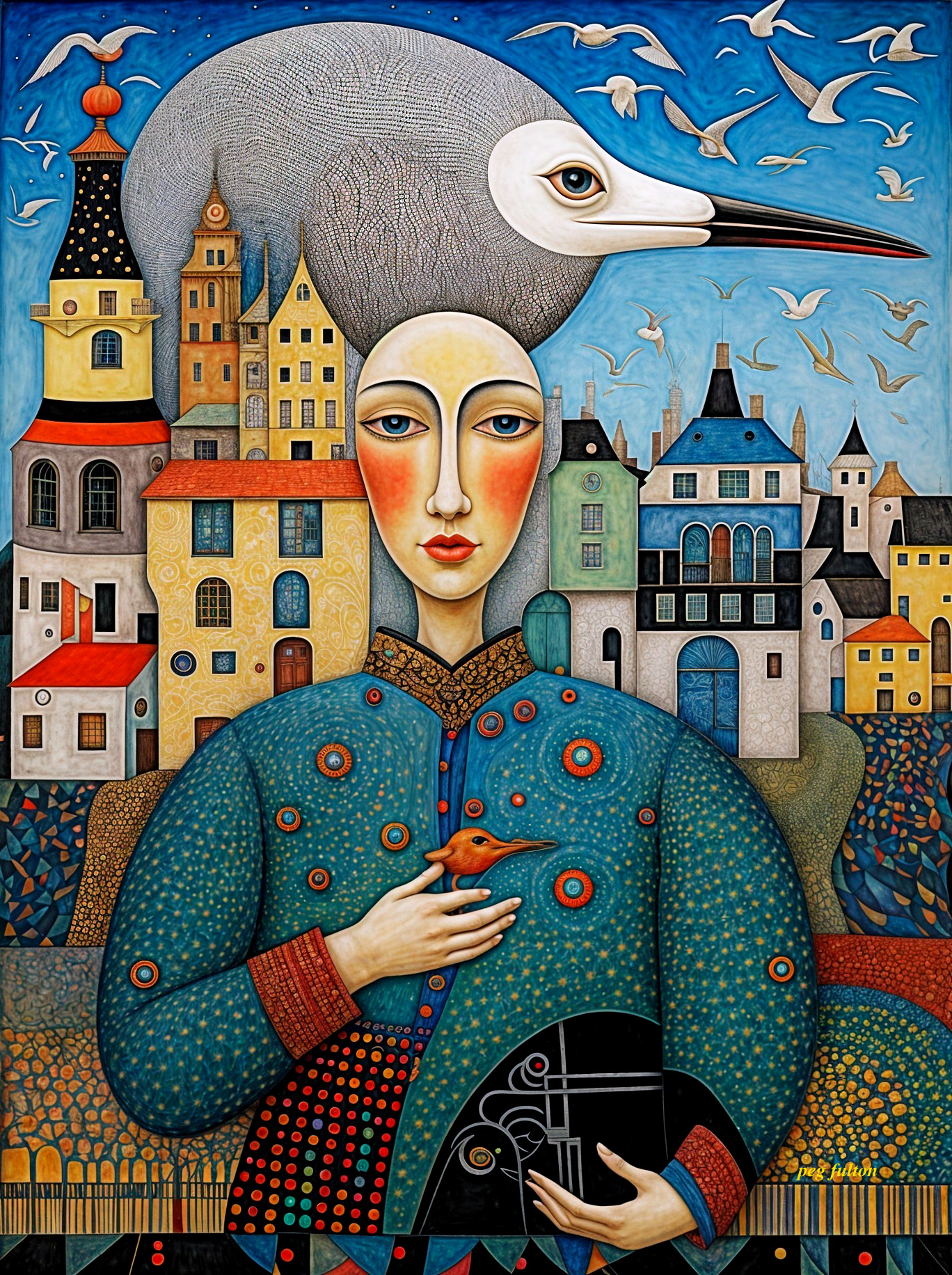 Stylized Woman with Bird's Head and Whimsical Background