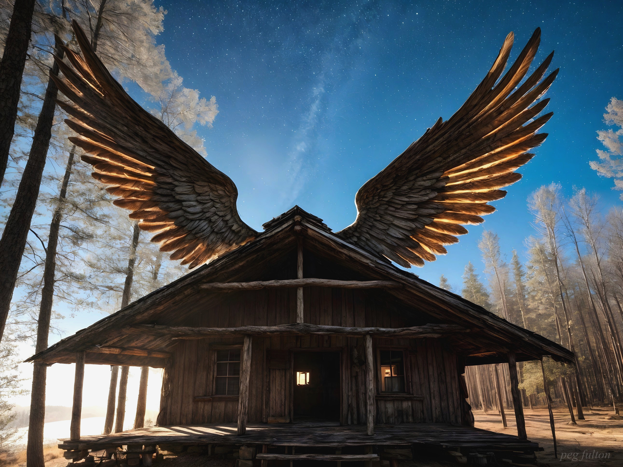 Rustic Cabin Under Starry Sky with Illuminated Wings