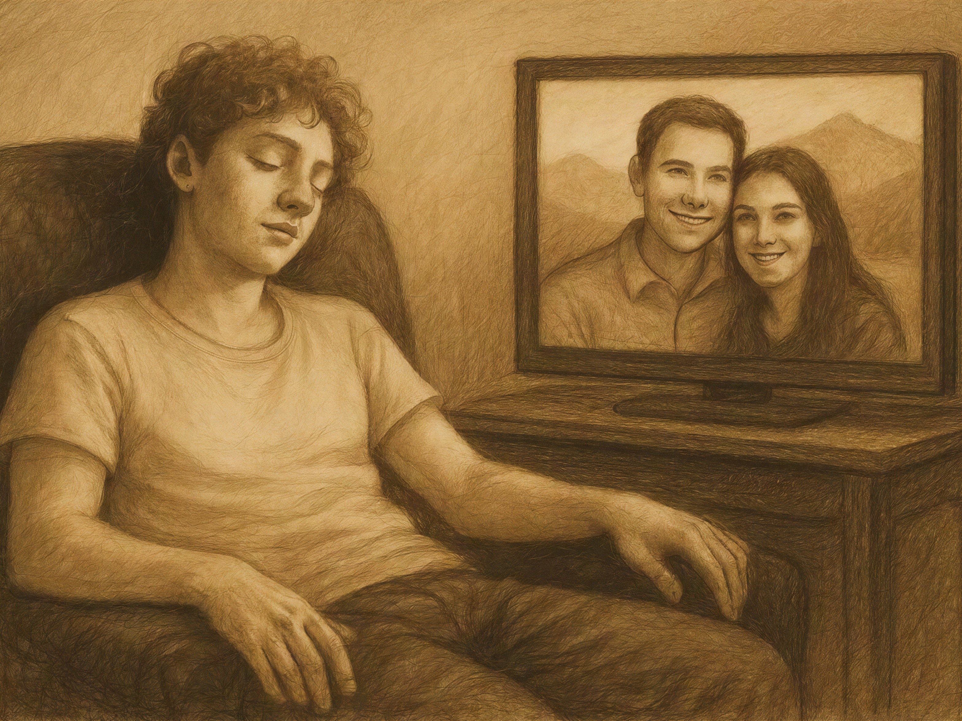 Sepia-toned digital painting of a young man asleep