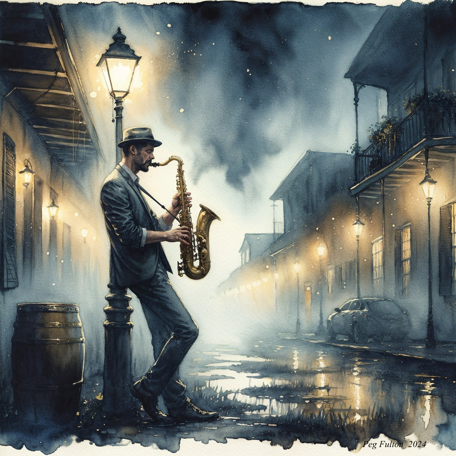 Saxophonist in a Misty Street with Vintage Buildings