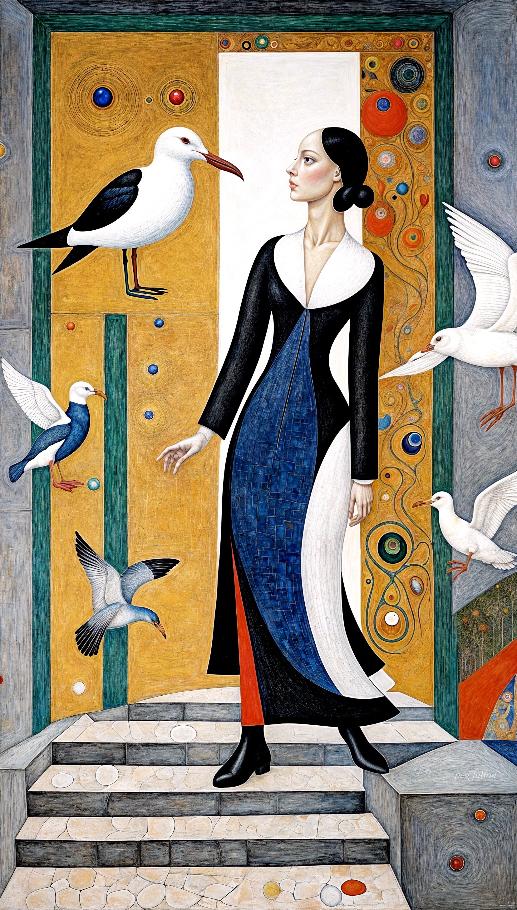 Stylized Woman in Black and White Dress with Birds