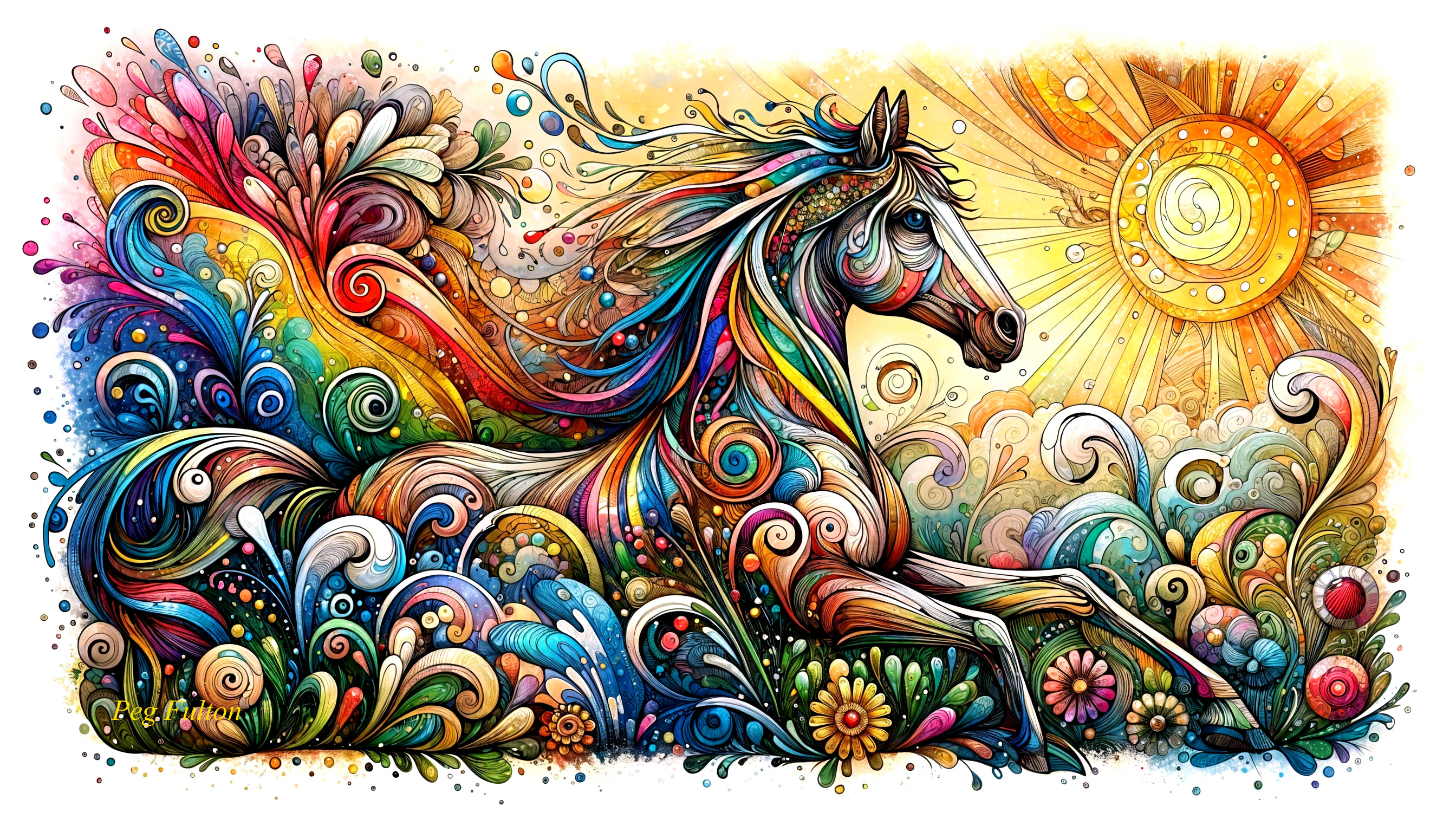 Vibrant Illustration of a Galloping Horse and Flowers