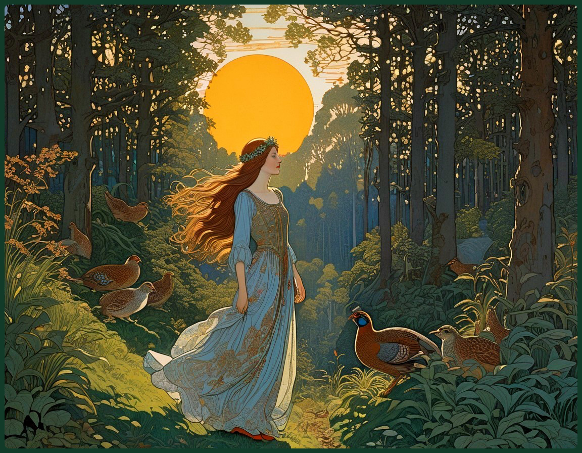 Woman in flowing dress walking through sunset forest
