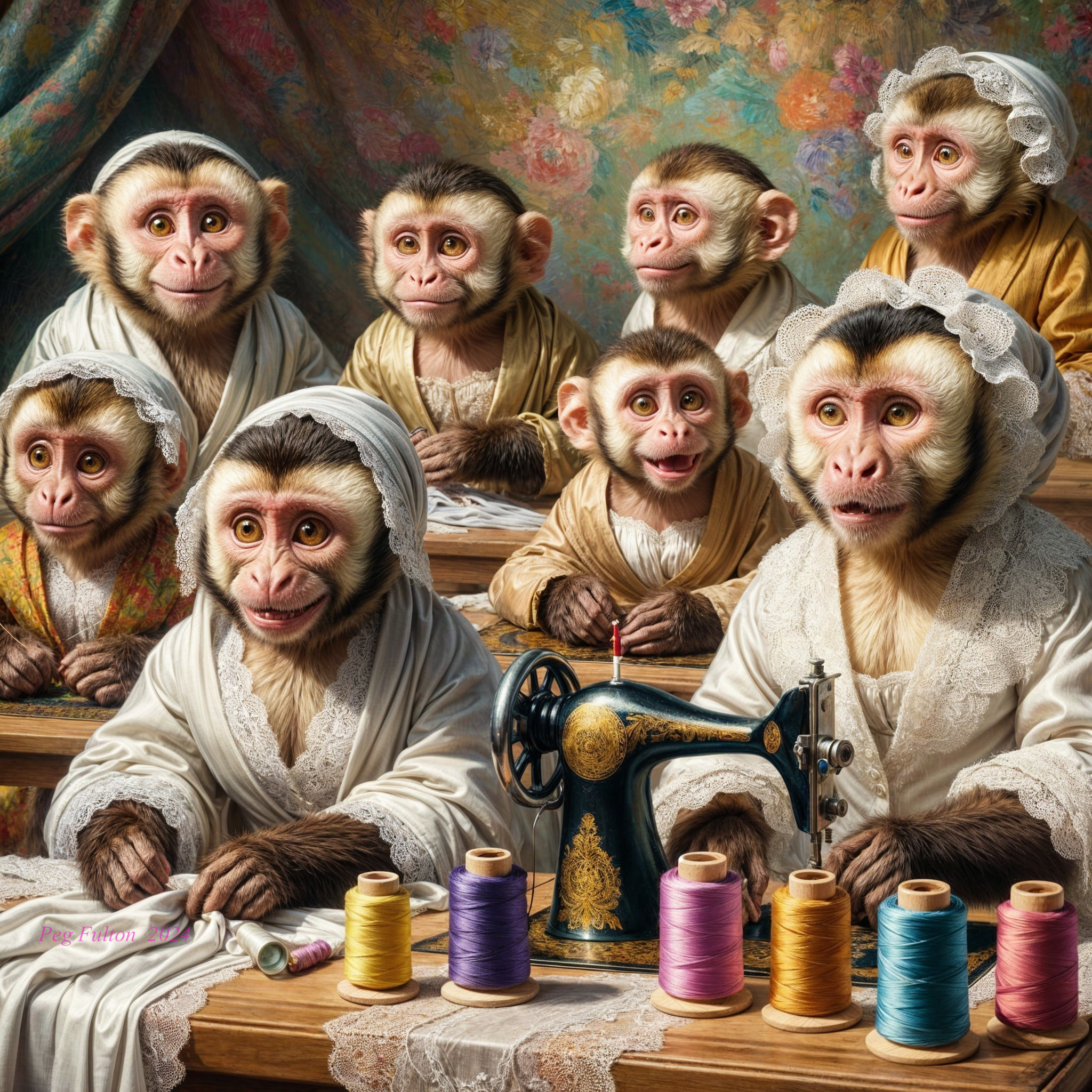 Monkeys in Vintage Clothing Gather Around Sewing Machine