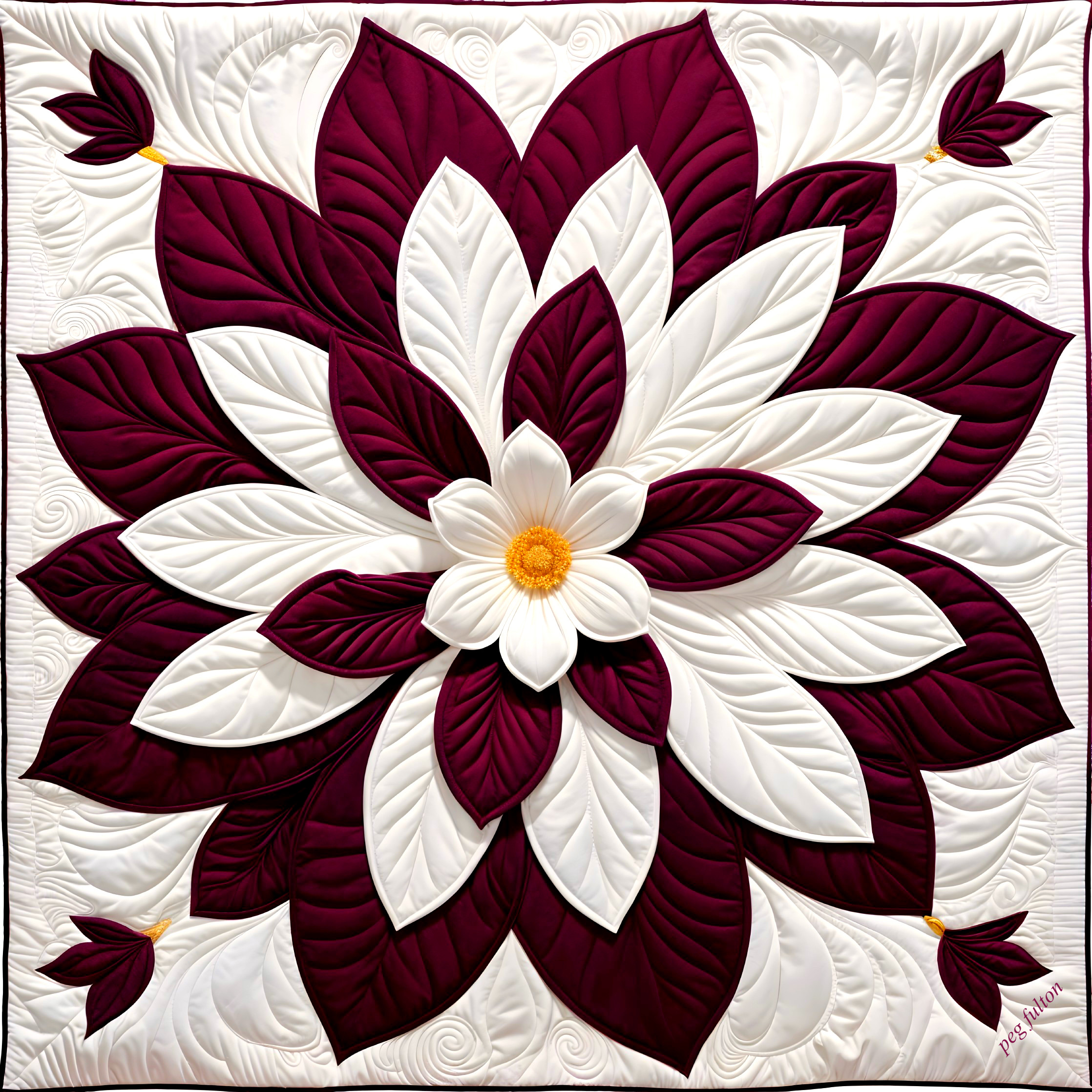 Intricate Floral Design Quilt in Burgundy and White