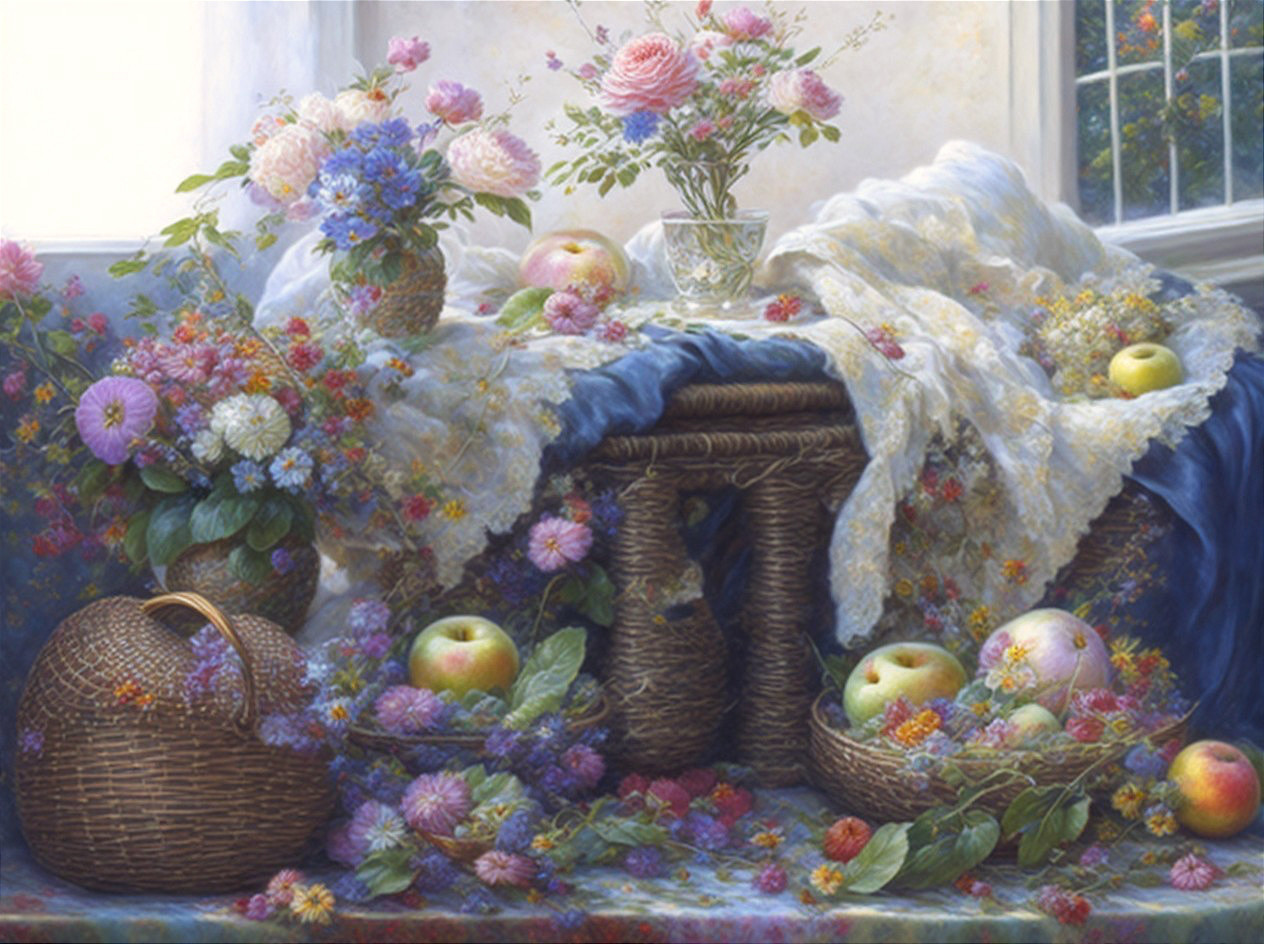 Detailed still life painting with apples, wicker basket, crystal bowl, and flowers on table