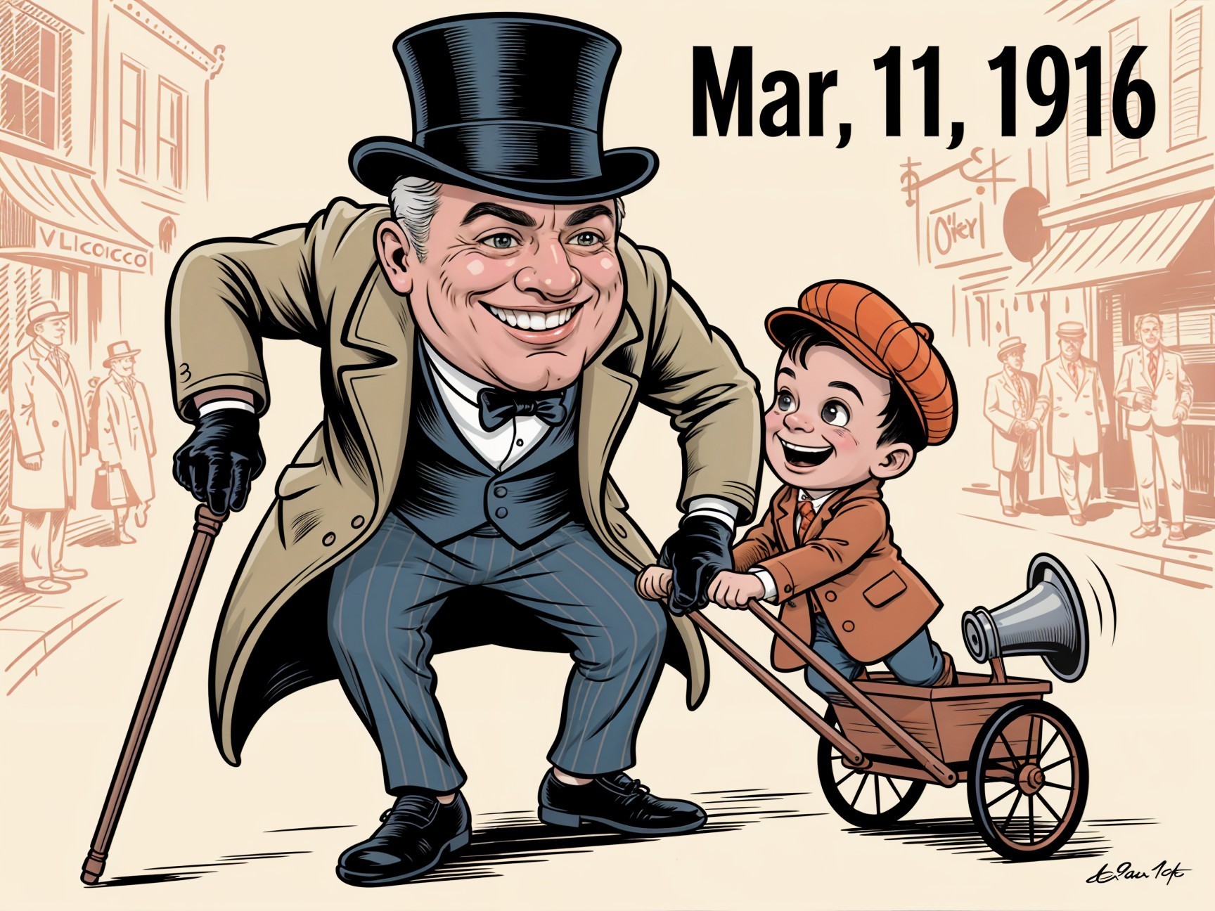 Cheerful Man and Boy in Early 20th-Century Scene