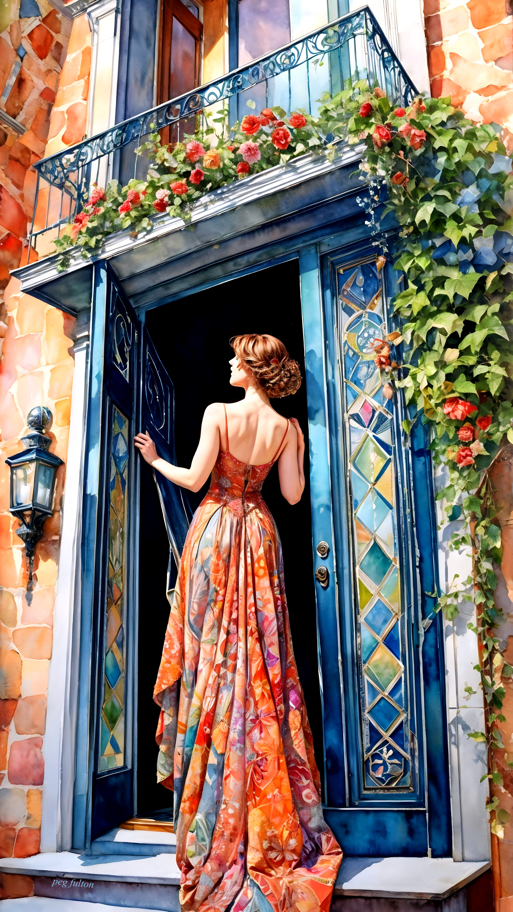Woman in Floral Gown by Ornate Blue Door