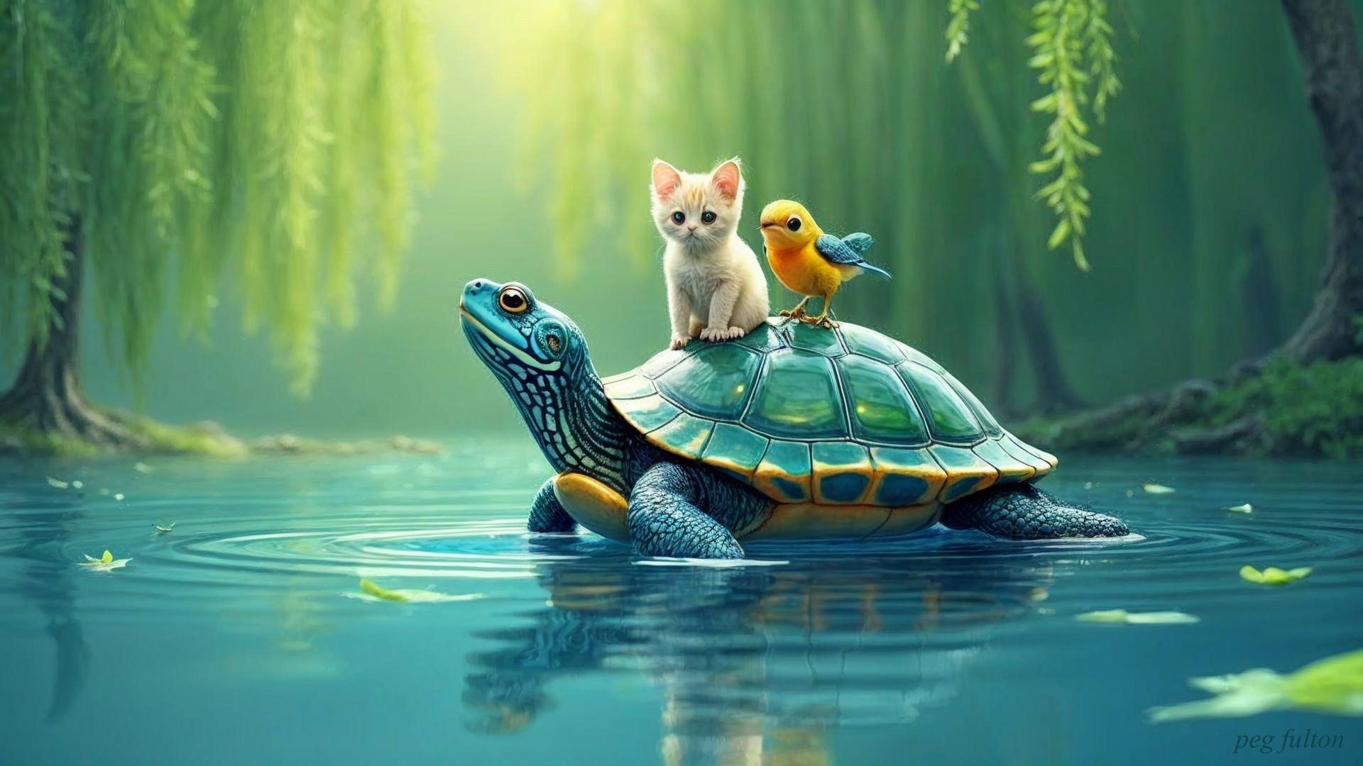 Whimsical Scene of a Turtle, Kitten, and Bird