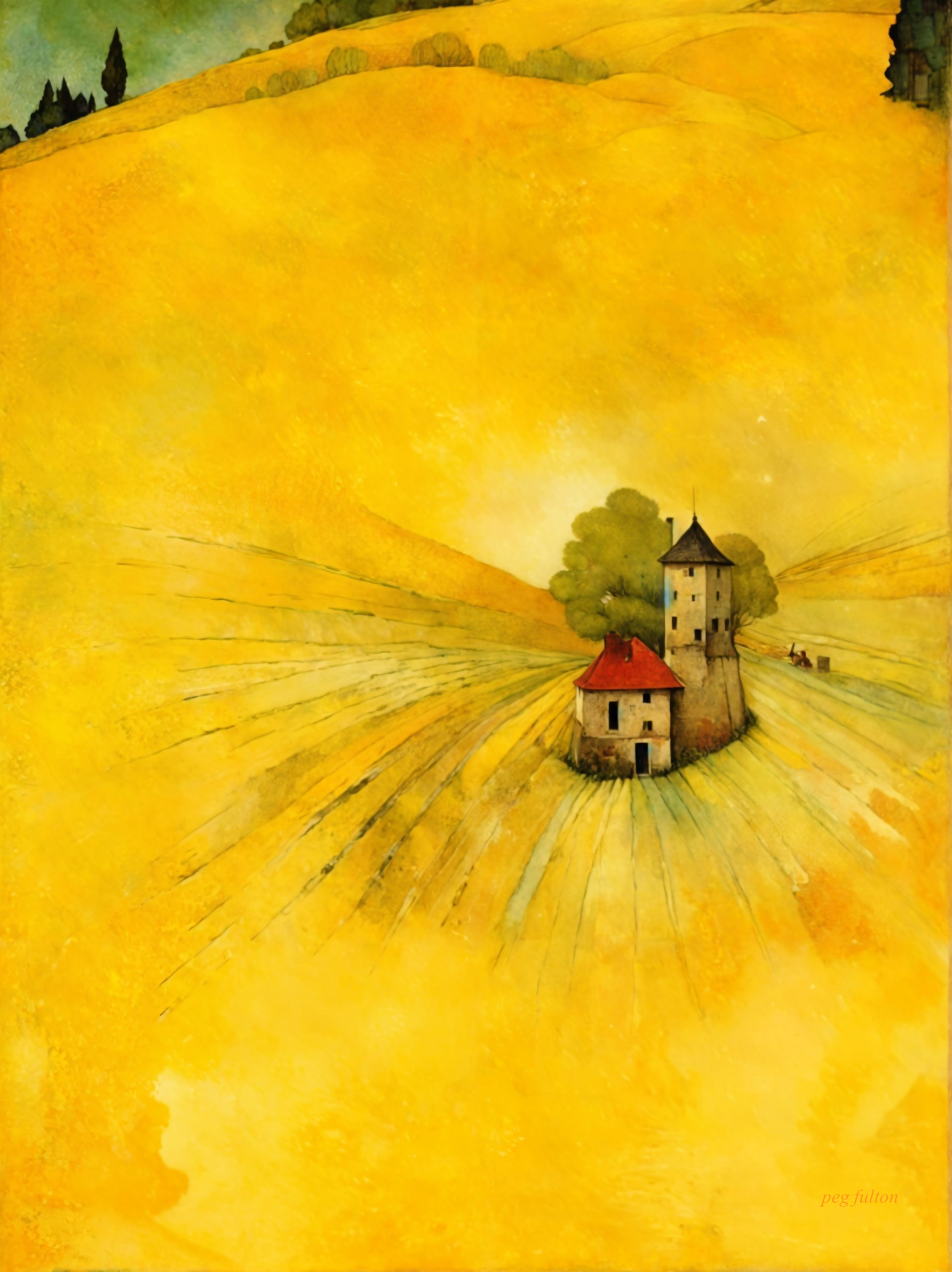 Serene Landscape with Yellow Hills and Farmhouse
