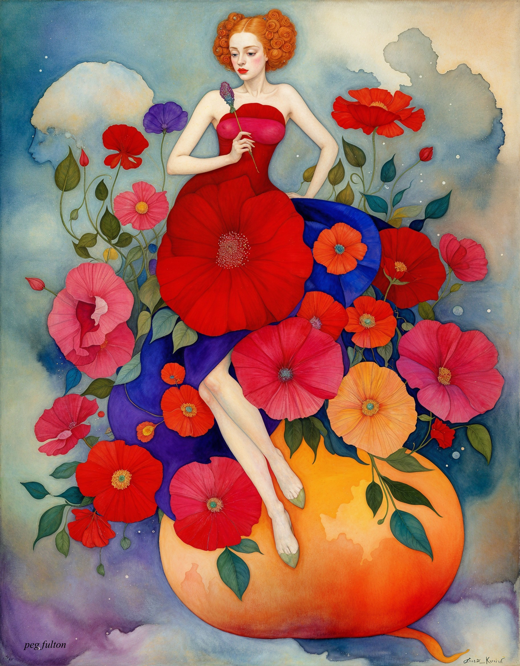 Whimsical Woman on Orange Sphere Surrounded by Flowers